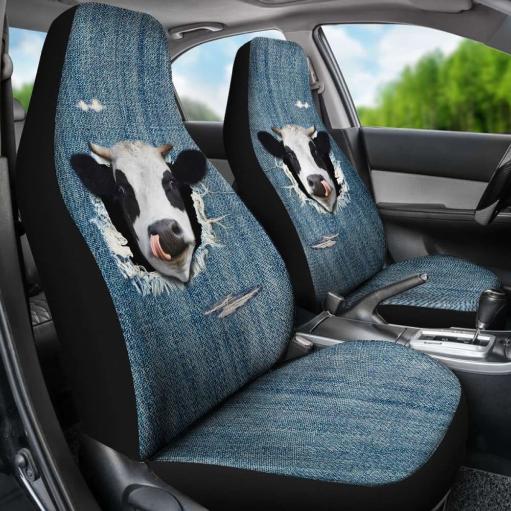 3D Cow Print Fake Denim Car Seat Covers - 2 Pack for Jeep, Truck & SUV - Waterproof & Universal Fit for Comfort & Style