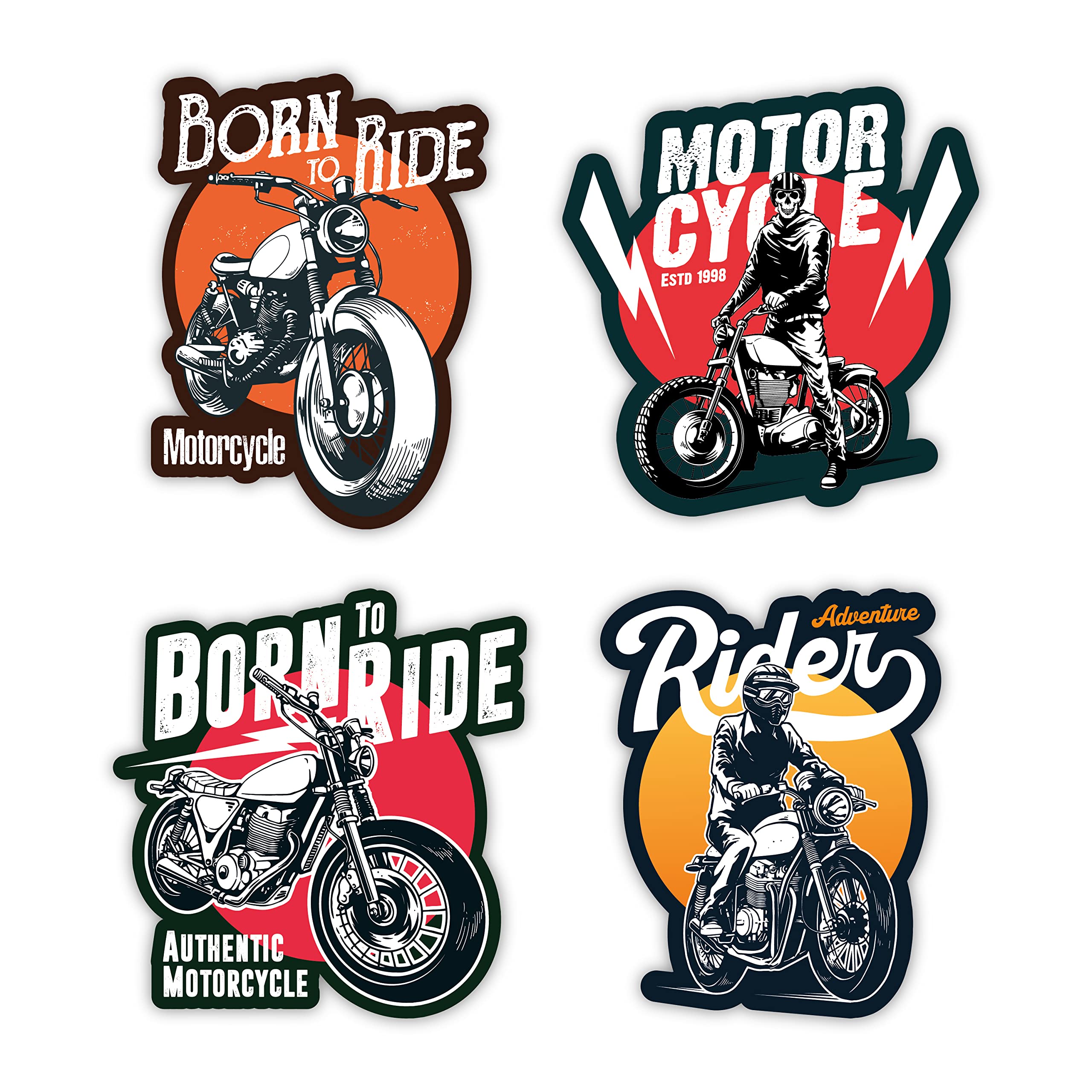VVWV Adventure Motorcycle Stickers Combo Pack of 4 - Waterproof Vinyl Decals for Helmets, Bike Tanks & Visors (9.2x10cm) - Durable Multicolor Biker Gifts for Men & Women - Perfect for Road Trips, Motorcycle Tours & Off-Road Adventures