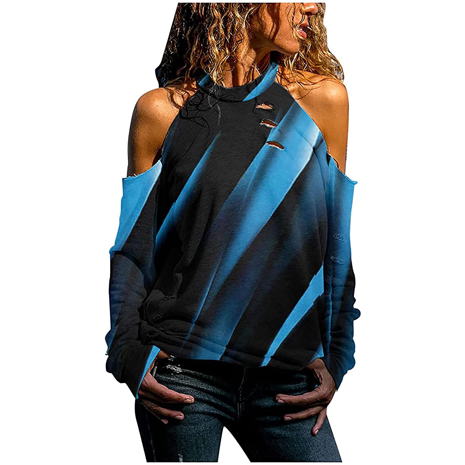 Stylish Cold Shoulder Tops for Women - Elegant Halter Neck Long Sleeve Blouse with Sexy Graphic Print | Perfect for Casual Outings, Date Nights & Party Wear