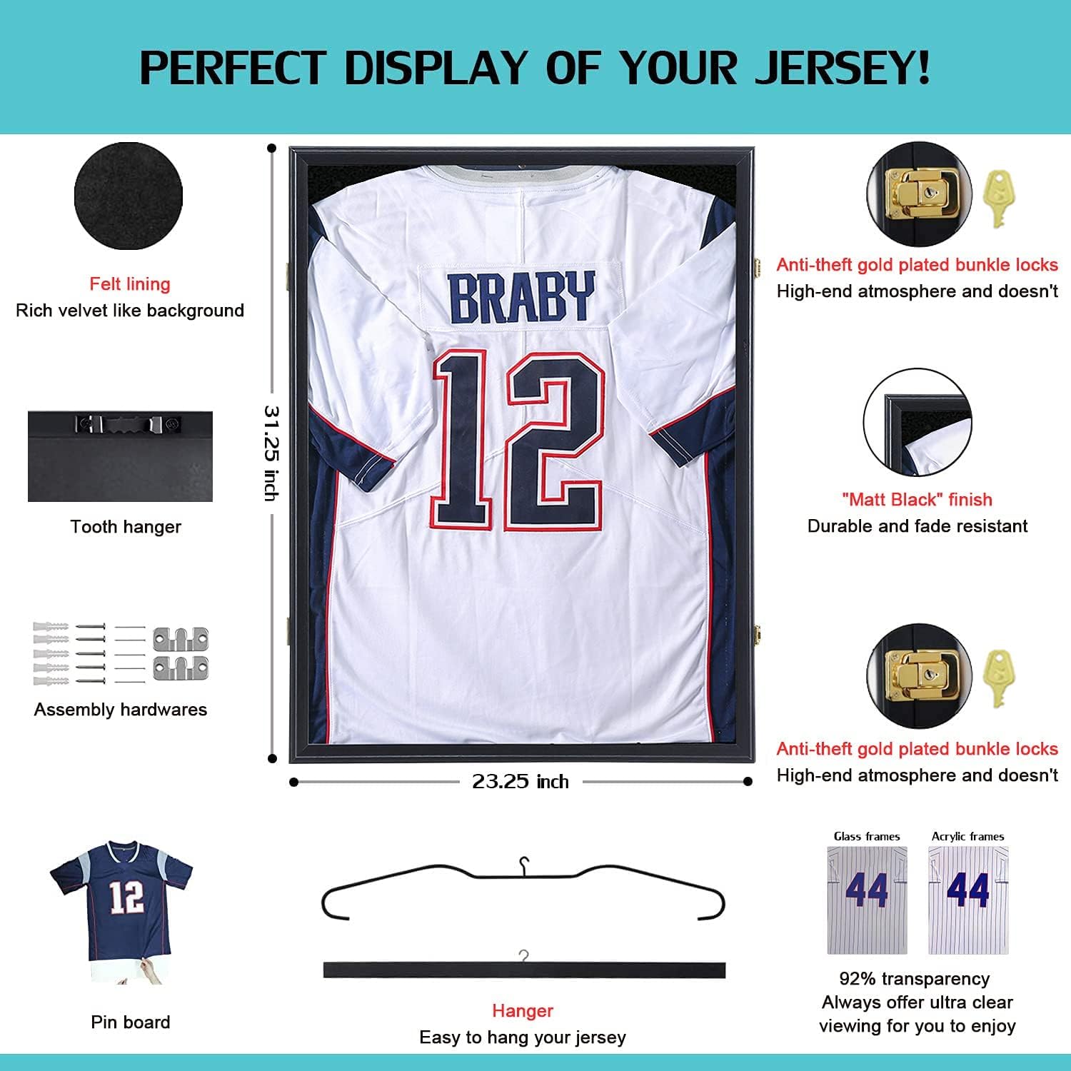 KCRasan Jersey Display Case 2 Pack - Lockable Shadow Box Frame with UV Protection for Baseball, Basketball, Football, Soccer, Hockey Jerseys & Military Uniforms - Perfect for Sports Memorabilia, Home Decor, and Man Cave Display