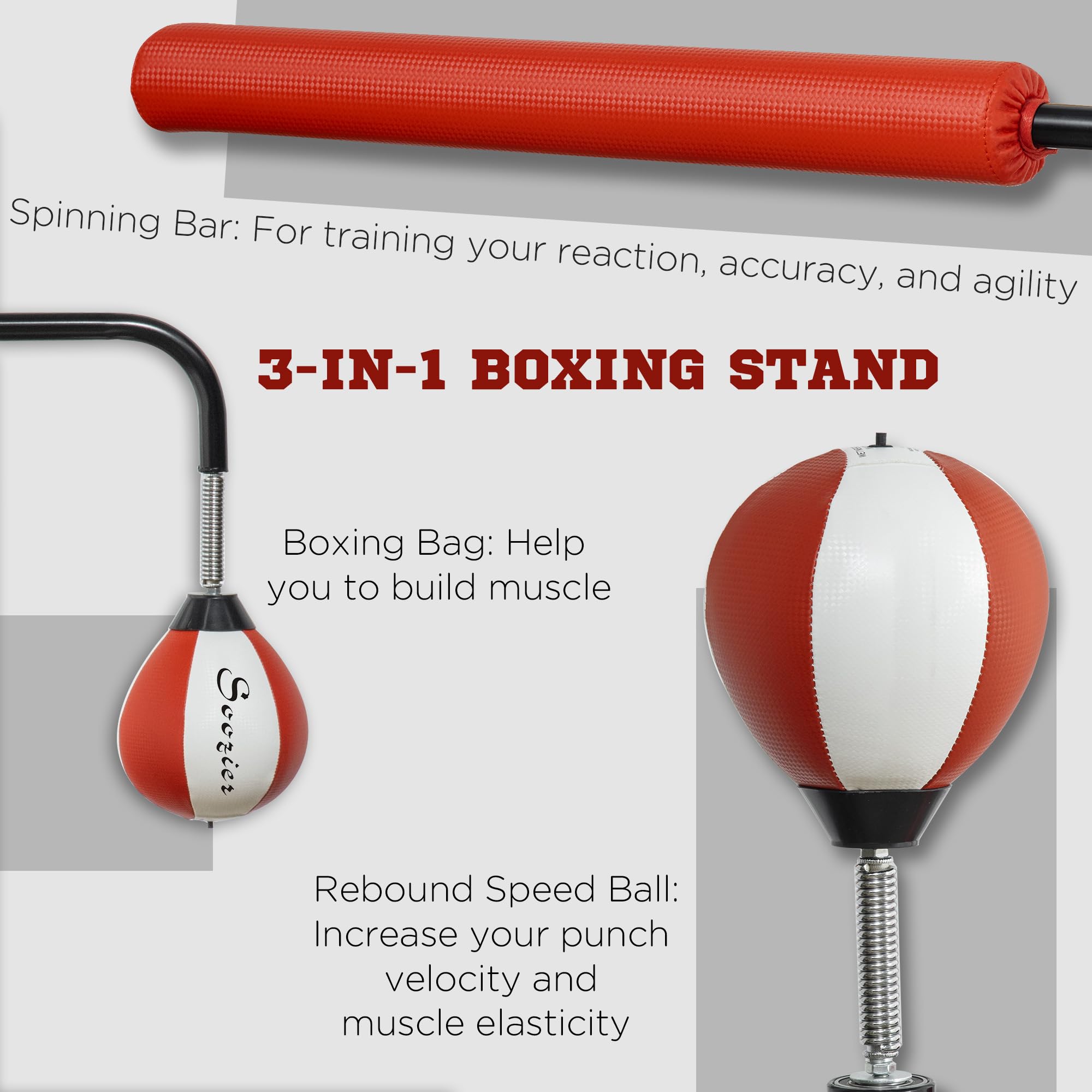 Soozier Freestanding Punching Bag for Adults & Teens - Adjustable Height Boxing Bag with Reflex Bar, Speed Balls & Suction Cup Base - Perfect for Home Gym, Boxing Training, Cardio Workout & Stress Relief