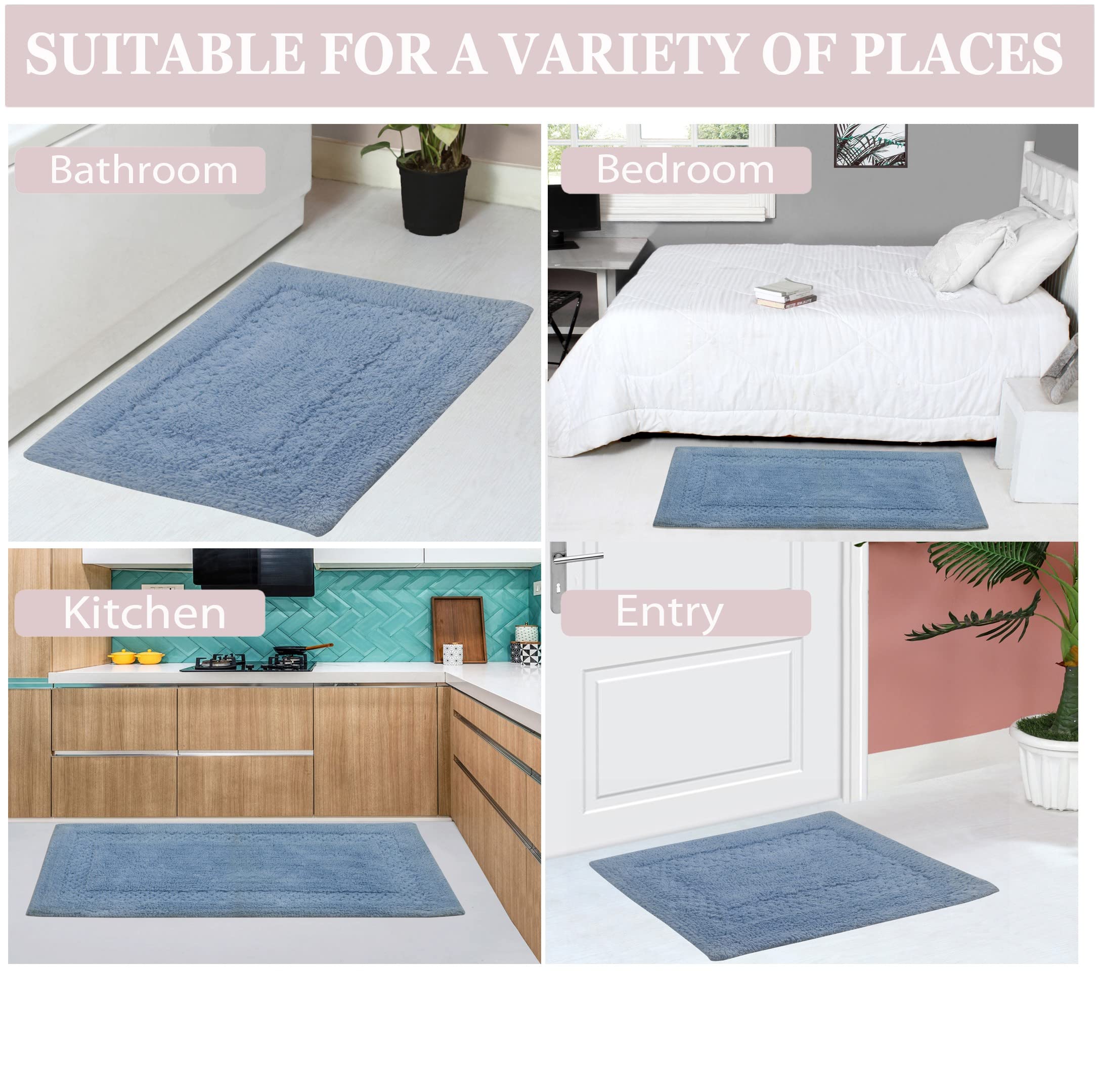 Premium 100% Cotton Bathroom Rugs Set - Ultra Soft & Absorbent Non-Slip Bath Mat, Washable Contour Bathroom Floor Mat & Kitchen Rug (3-Piece Set, Blue) - Perfect for Bathroom Safety & Cozy Home Decor