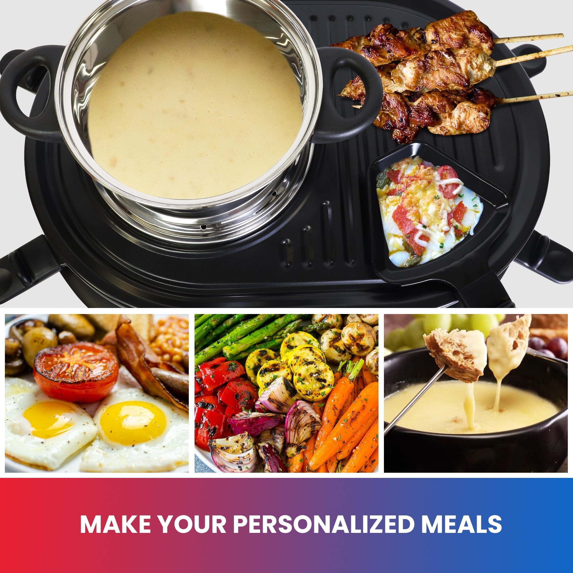 Total Chef 8-Person Electric Raclette & Cheese Fondue Set with Granite Stone - Non-Stick Indoor Grill for Tabletop Cooking - Includes Accessories - Perfect for Holidays, Family Dinners & Entertaining - Black