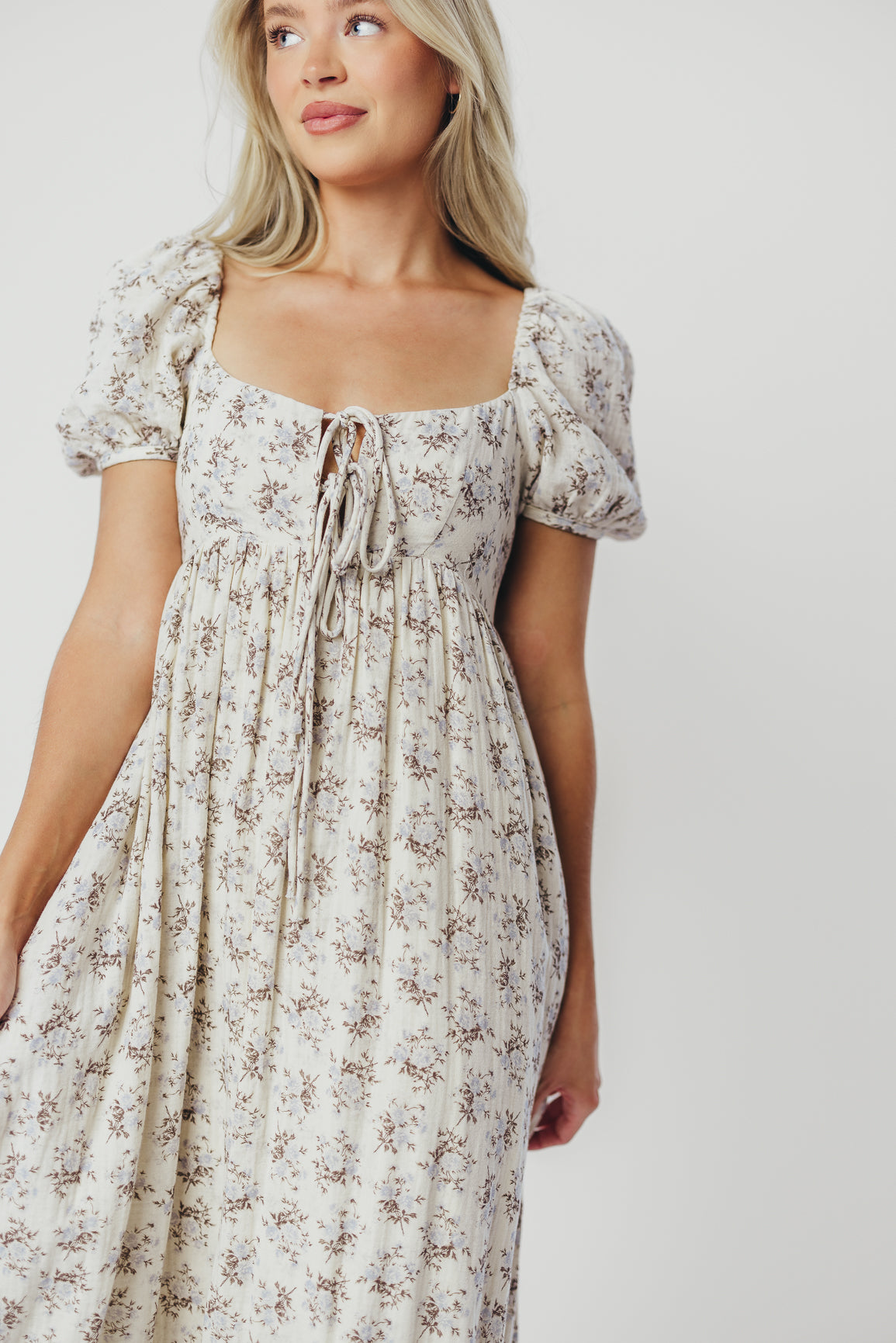 Haven 100% Cotton Tie Front Maxi Dress - Blue & Brown Floral Print - Bump Friendly Maternity Dress for Women - Perfect for Summer Beach Vacations, Date Nights & Baby Showers
