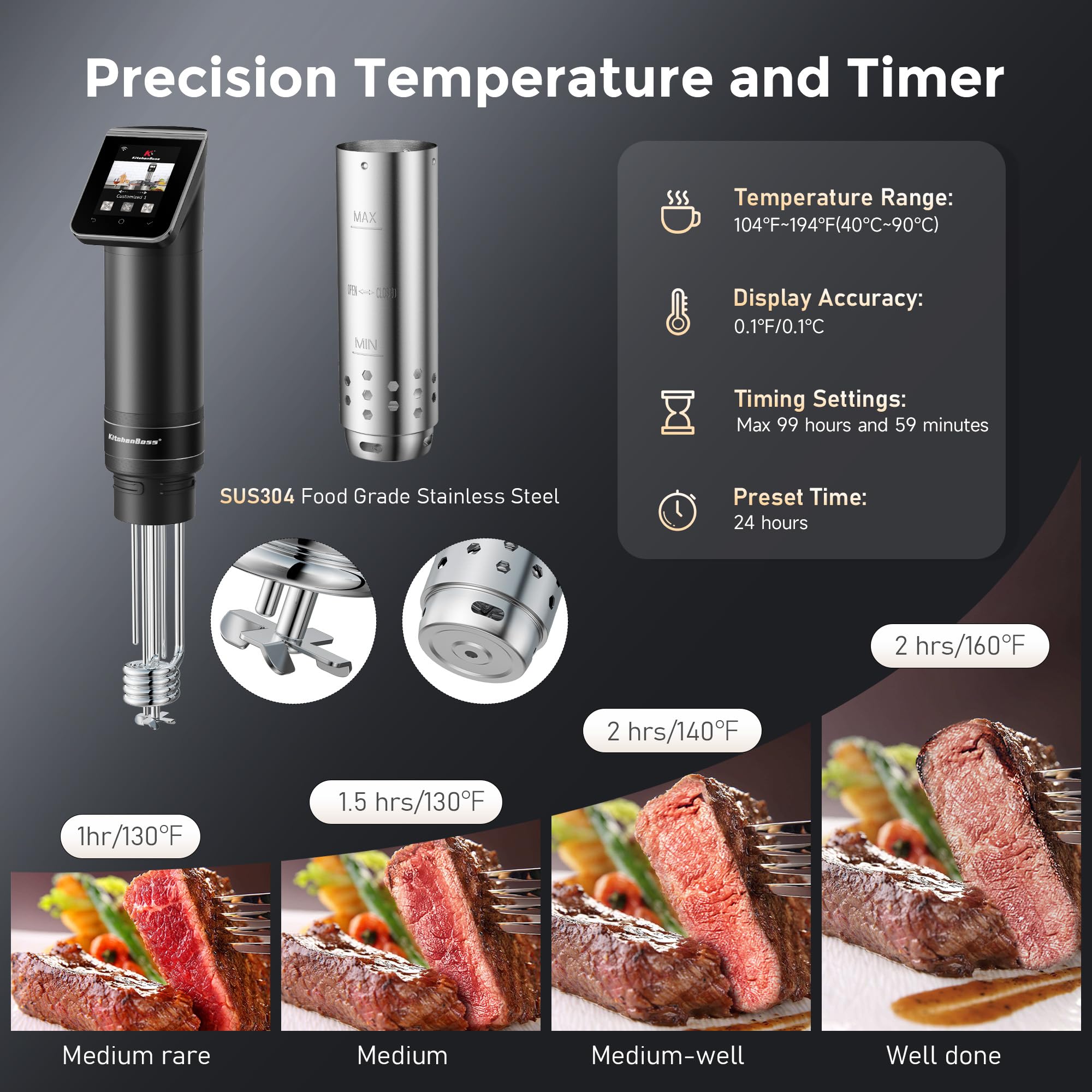 KitchenBoss WIFI Sous Vide Cooker - 1100W Ultra-Quiet Immersion Circulator with TFT Preset Recipes | Stainless Steel Precision Cooker for Steak, Chicken, Fish | Perfect for Home Chefs & Restaurant-Quality Meals