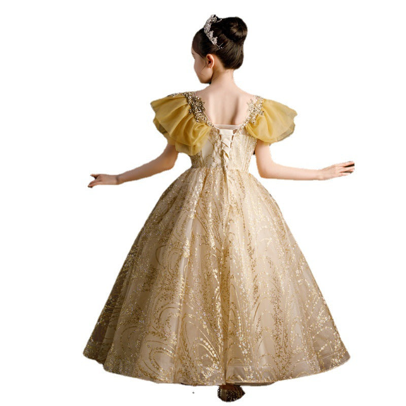 Elegant Gold A-Line Floor Length Flower Girl Dress with Sparkling Sequins & Delicate Lace - Perfect for Weddings, Pageants & Special Occasions