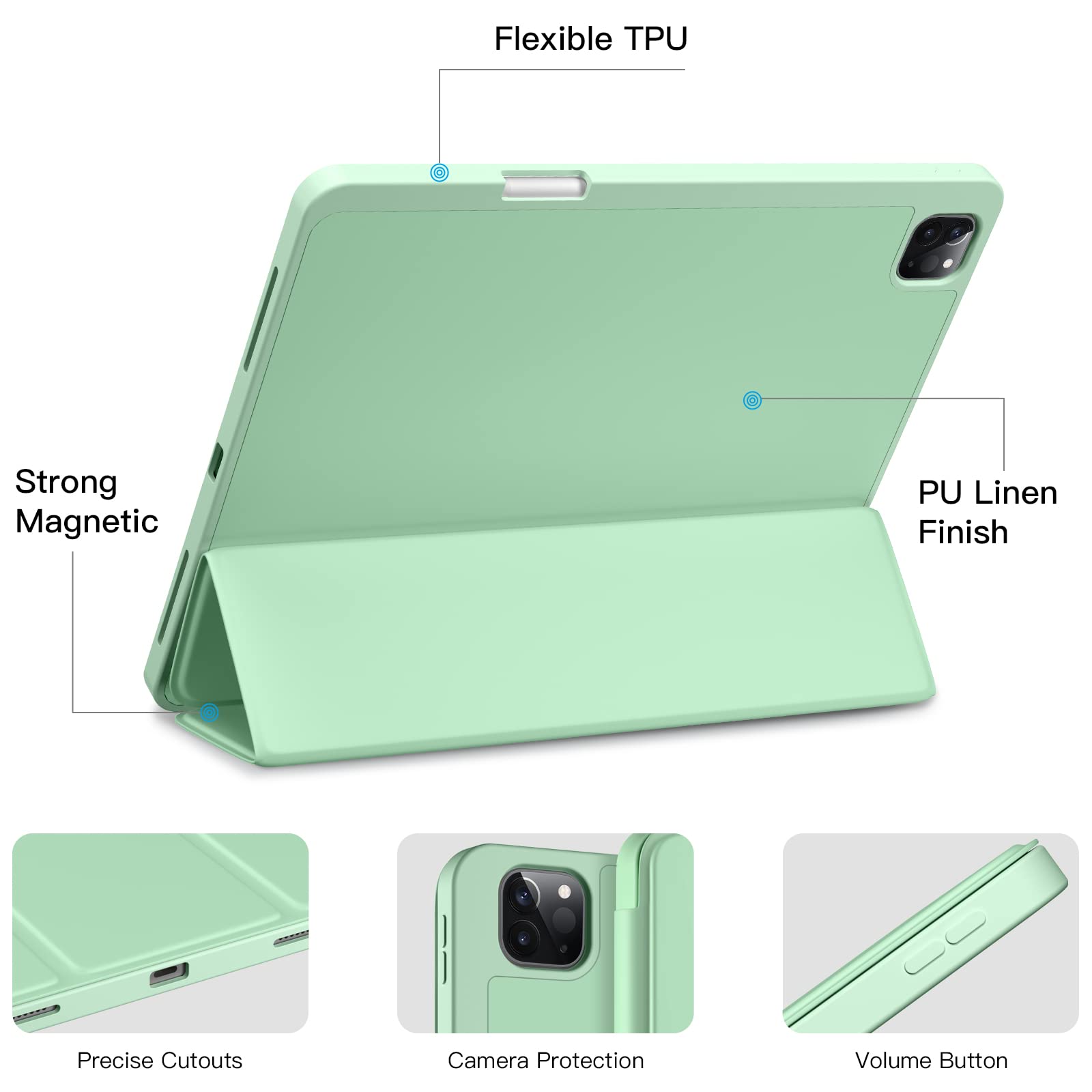 Premium iPad Pro 12.9 Case 6th/5th/4th/3rd Gen (2022-2018) - Trifold Stand Smart Cover with Pencil Holder & TPU Back, Auto Wake/Sleep, Green - Perfect for Work, School & Travel Protection
