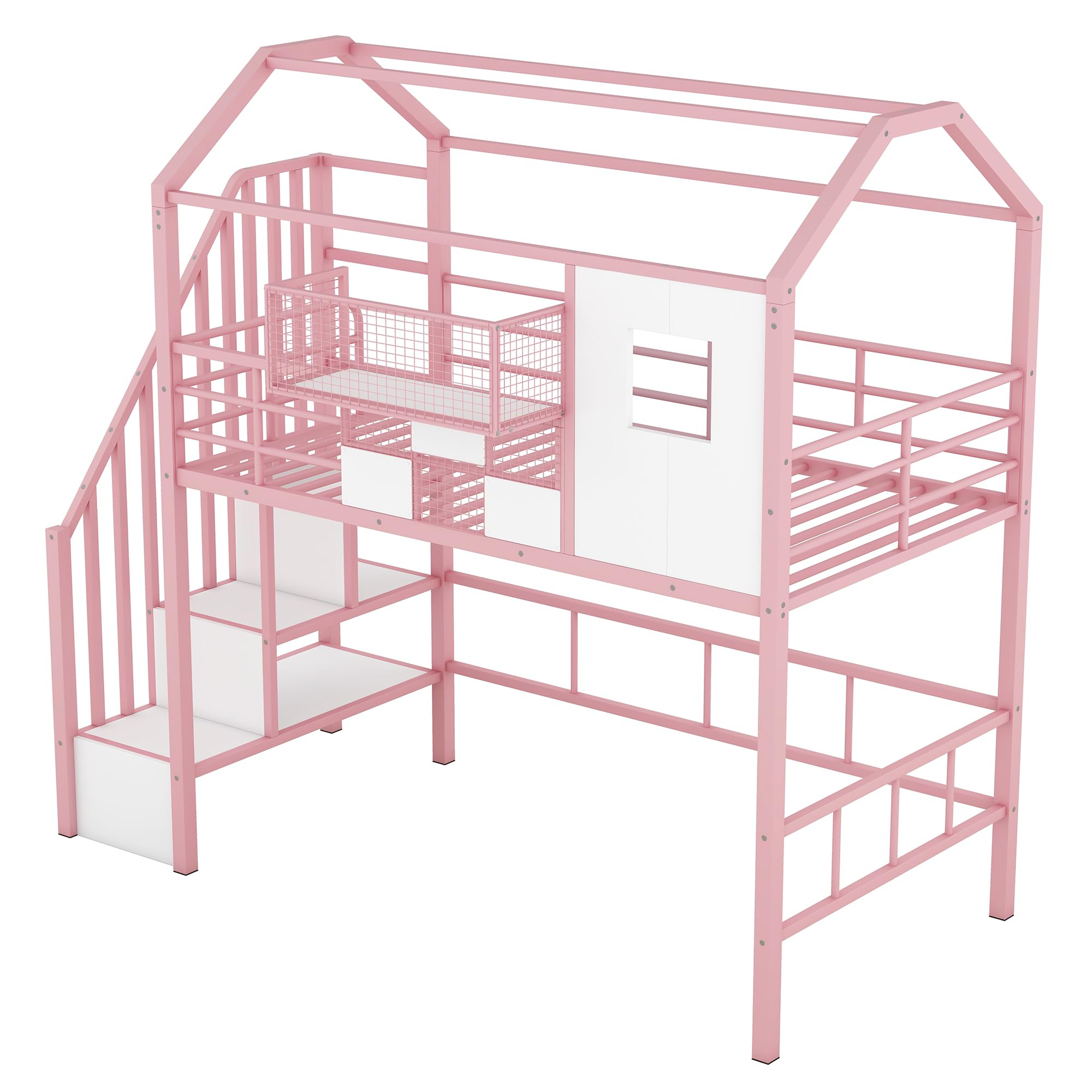 BOVZA Twin Size Loft Bed with Stairs, Roof & Storage - Metal Low Loft Bed Frame with Safety Guardrails for Kids & Teens - Pink & White - Perfect for Small Bedrooms, Dorm Rooms & Kids' Play Areas