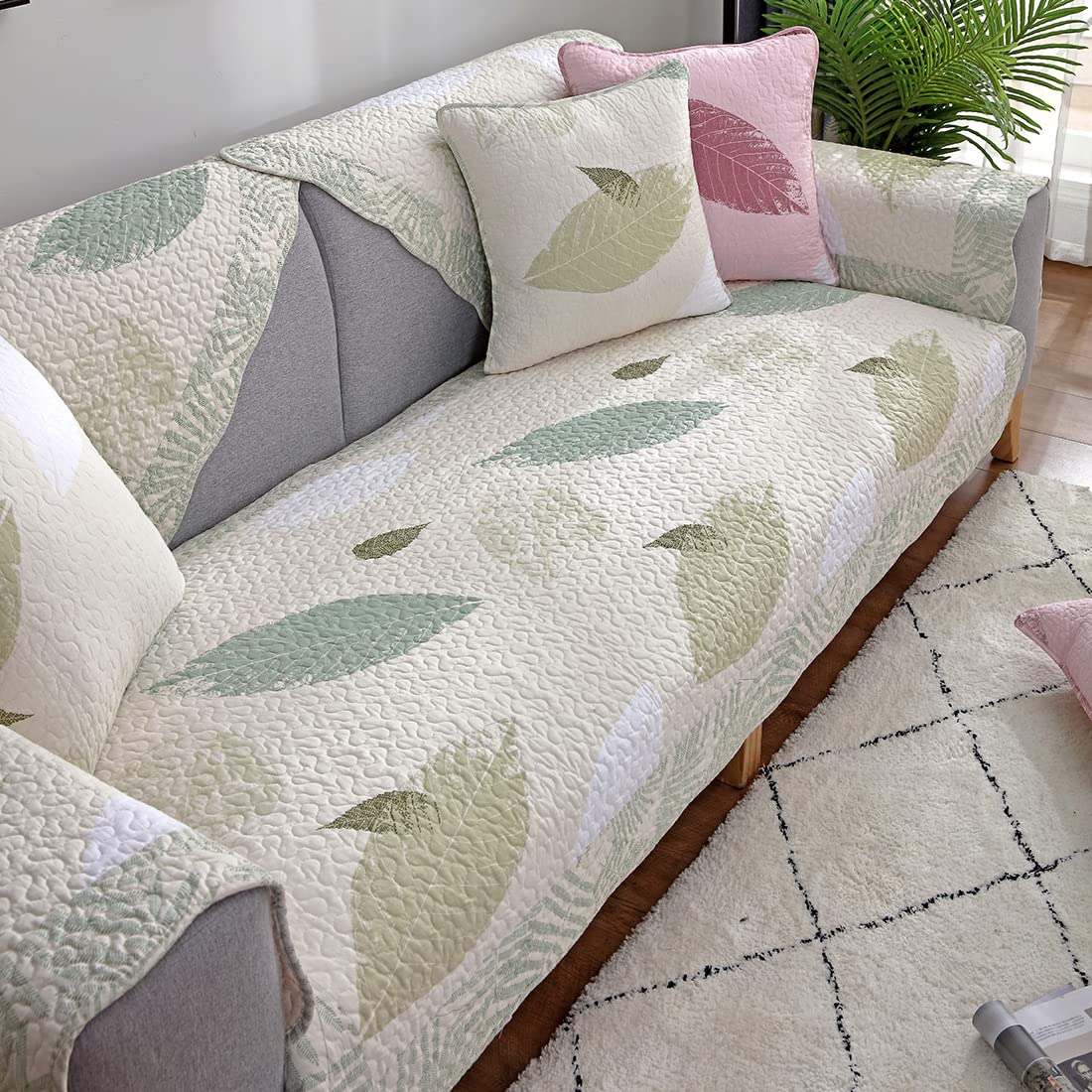 VCTOPS Farmhouse Country Leaf Pattern Cotton Quilted Sofa Cover - Non-Slip Soft Comfy Sectional Couch Slipcover Furniture Protector (Green Leaf, 28