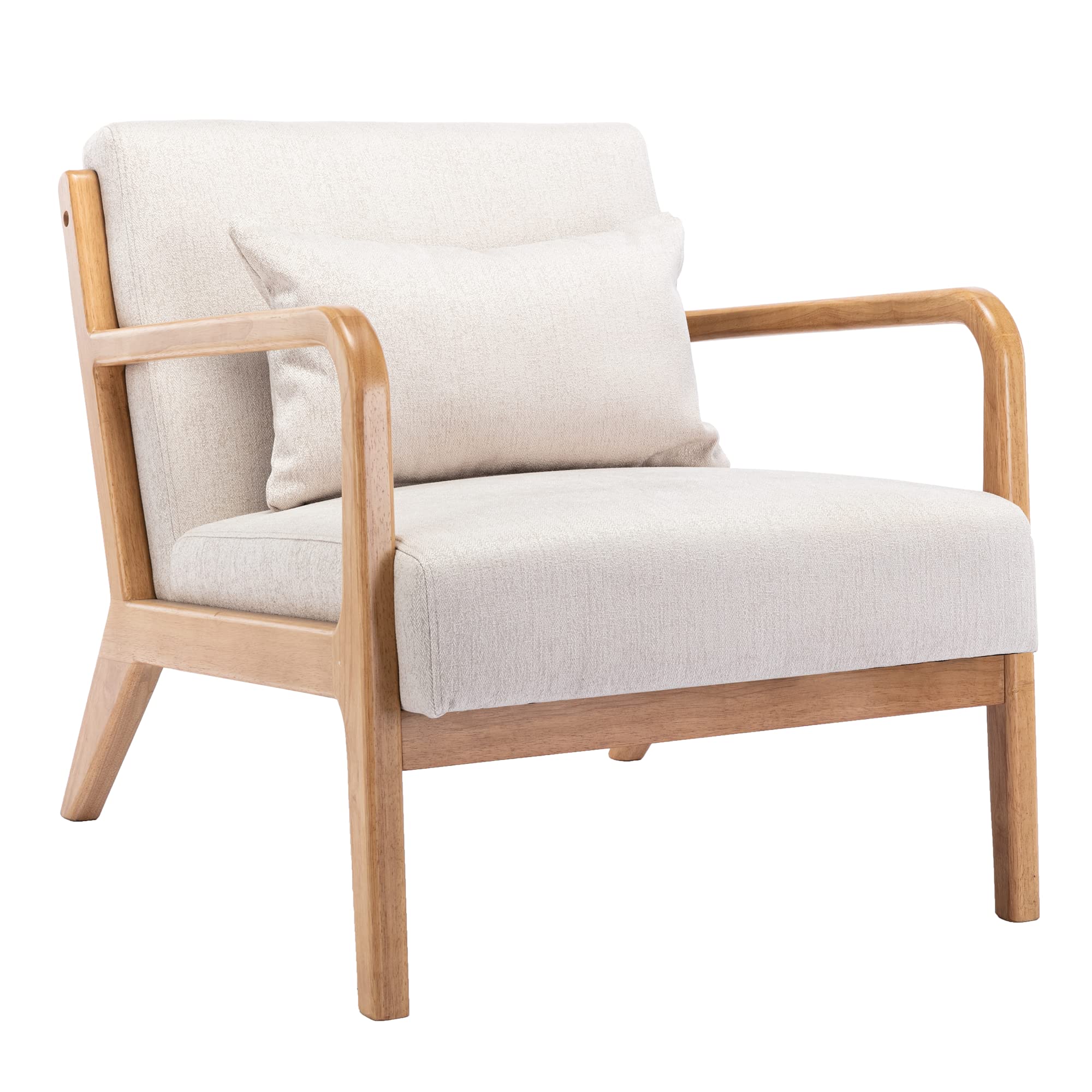 Mid-Century Modern Accent Chair - Linen Upholstered Lounge Chair with Wood Frame & Armrests for Living Room, Bedroom, Dorm, Reading Nook & Reception Areas - Beige Fabric Comfortable Seating for Relaxing & Decor