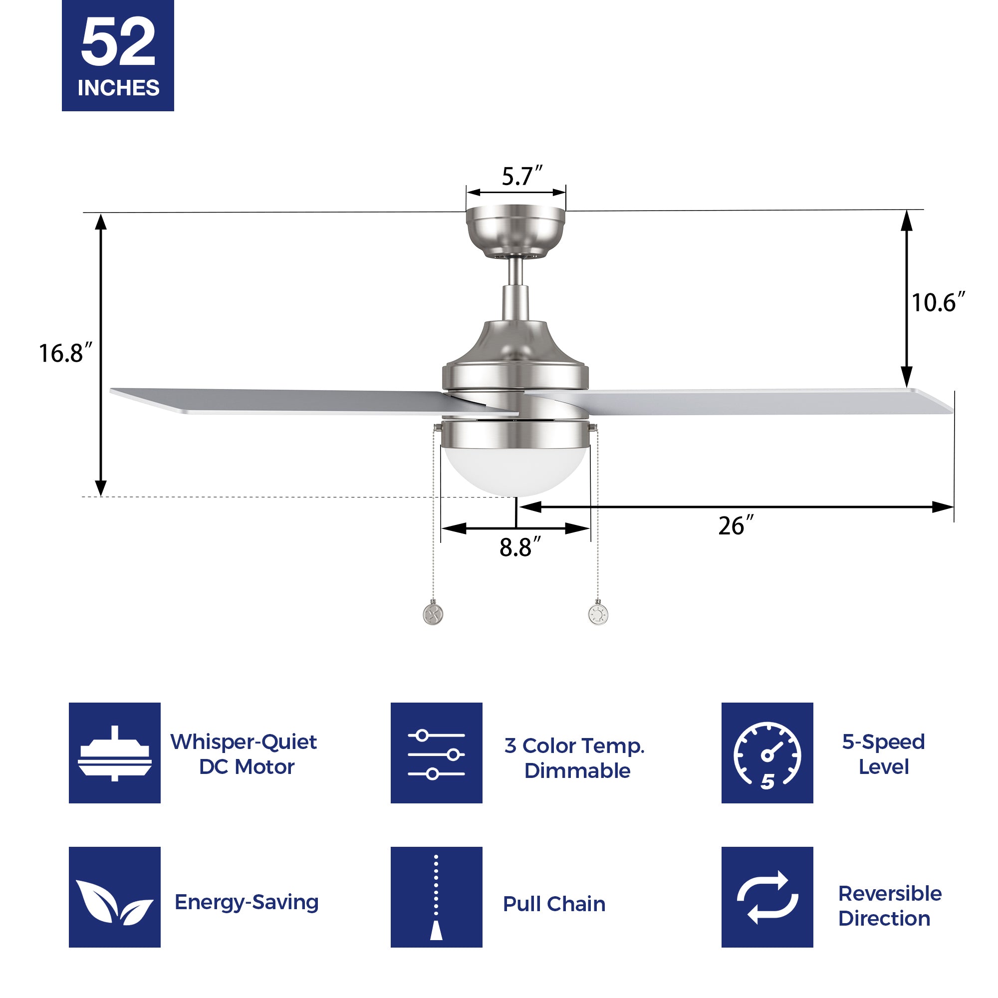 Sunalia 52 Inch Ceiling Fan with LED Light and Pull Chain - Modern Low Profile Flush Mount Fan for Bedroom, Living Room, Kitchen & Outdoor Spaces