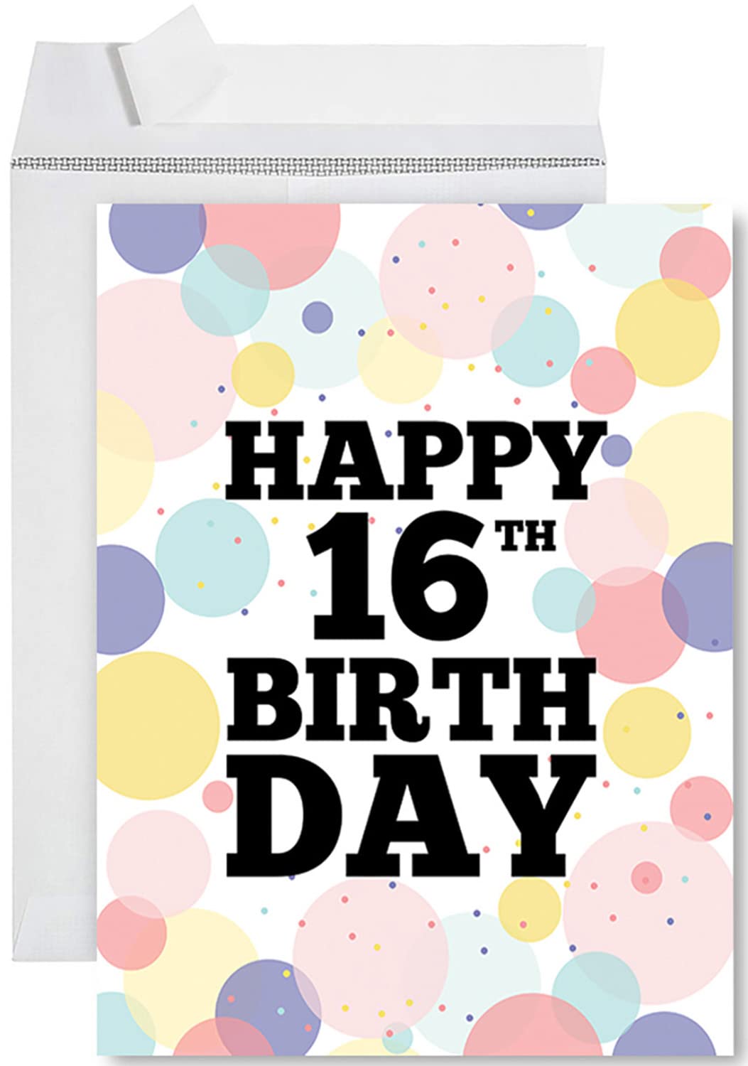 Andaz Press Jumbo Happy 16th Birthday Card for Girls - Pastel Confetti Greeting Card with Envelope & Blank Space - Perfect for Daughter, Granddaughter, Her Sixteenth Birthday - 8.5