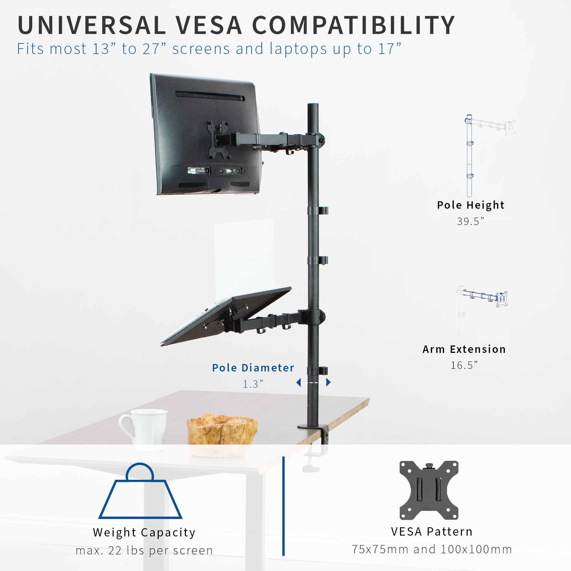 Ergonomic Dual Monitor Stand with Adjustable Laptop Tray - Extra Tall Heavy Duty Desk Mount for Home & Office Workstations - Perfect for Gaming, Coding, and Multi-Task Productivity