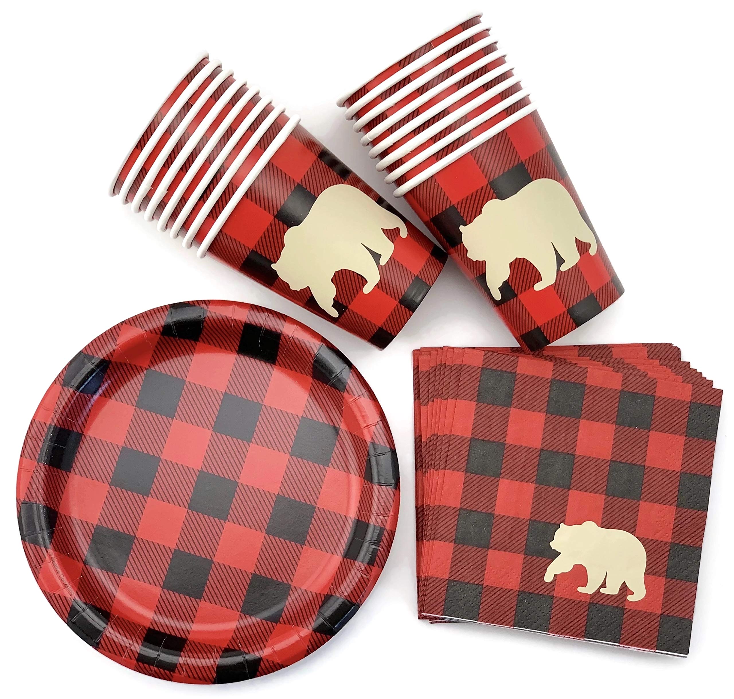Buffalo Plaid Bear Baby Shower & Lumberjack Birthday Party Supplies Set - 16-Piece Disposable Plates, Napkins, Cups for Rustic Themed Celebrations