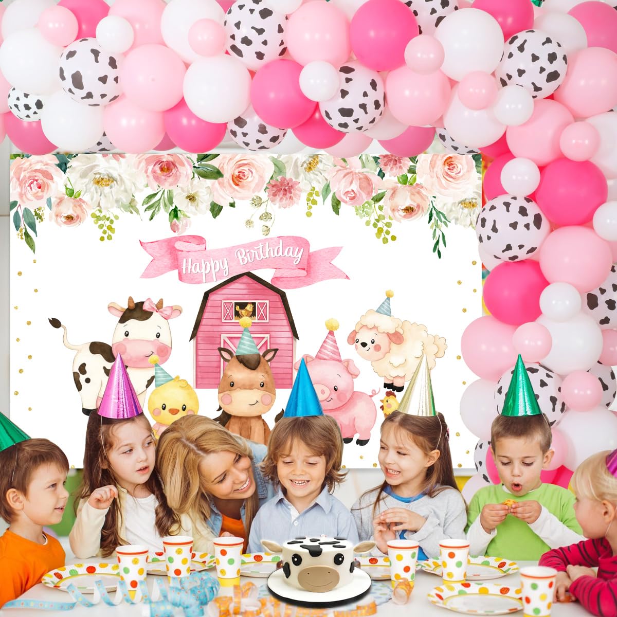 Pink Cow Farm Theme Birthday Party Decorations - Pink Barn Backdrop, Cow Head Cutouts & Animal Print Balloons for Girls Birthday, Baby Shower or Farmhouse Party Decor