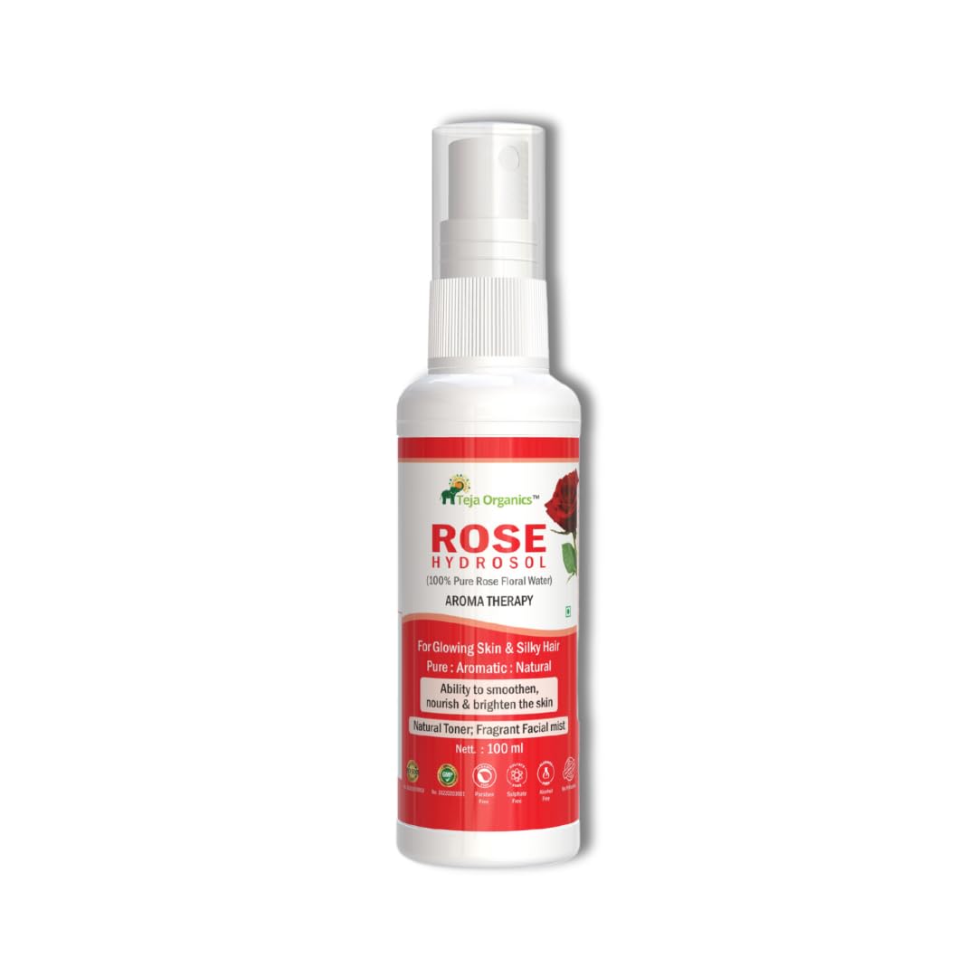Teja Organics 100% Pure Rose Hydrosol Floral Water - Natural Aromatherapy for Glowing Skin & Silky Hair (100ml) | Facial Toner, Hair Mist & Relaxing Room Spray