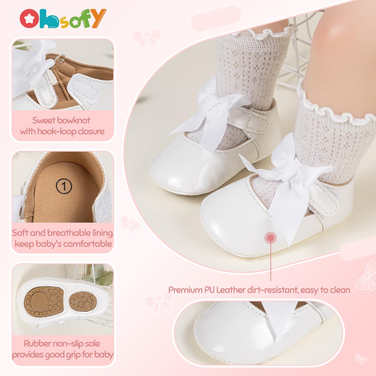 Ohsofy Infant Baby Girls Mary Jane Flats - Non-Slip Bowknot Princess Wedding Dress Shoes for Toddlers & Crib - Perfect for Special Occasions, Photo Shoots & First Steps