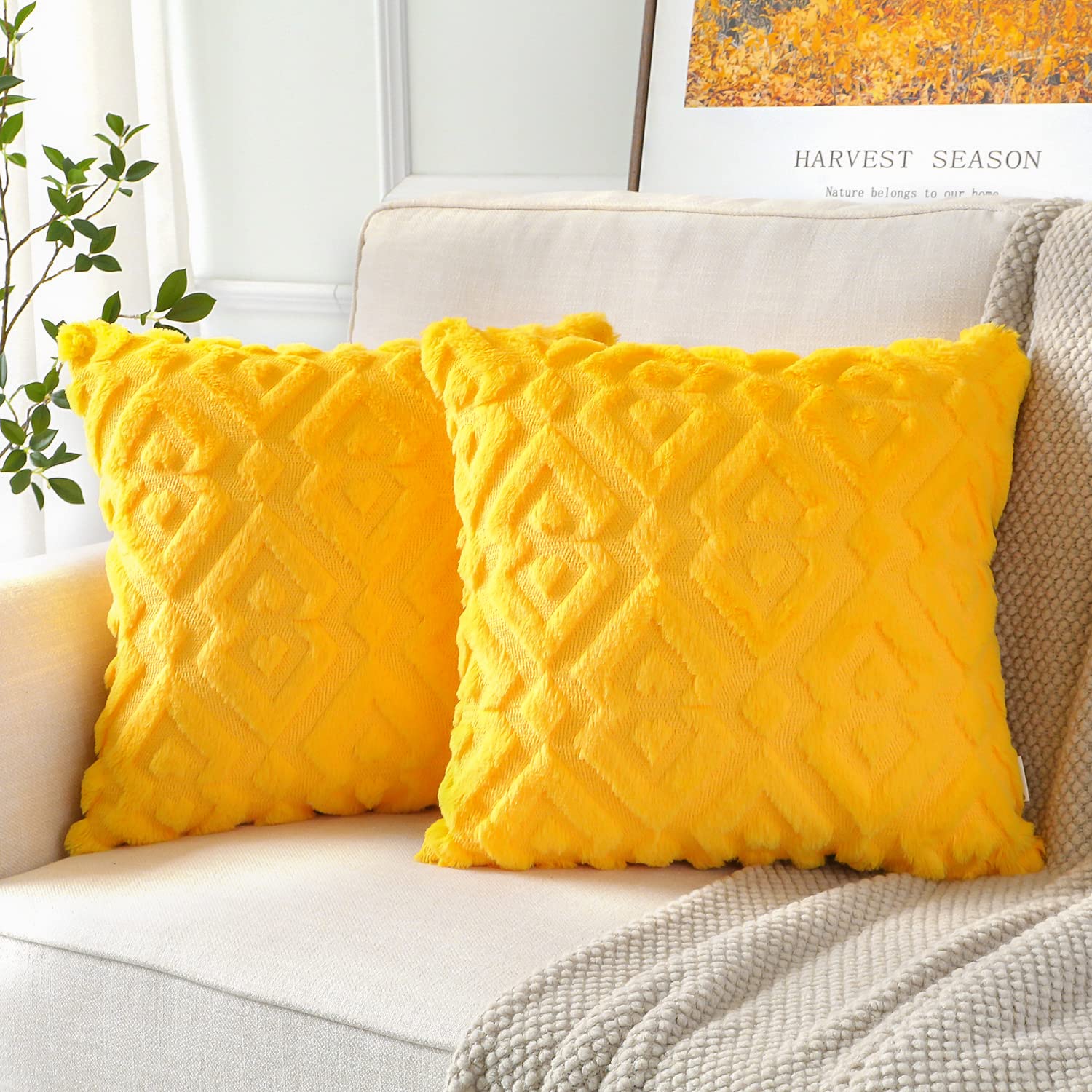 Artscope 2-Pack Soft Plush Short Wool Velvet Decorative Fall Throw Pillow Covers - Luxury European Style Cushion Covers for Sofa & Bedroom - Diamond Pattern in Orange & Yellow (16x16 Inch) - Perfect for Autumn Decor, Living Room Accents & Cozy Home Styling