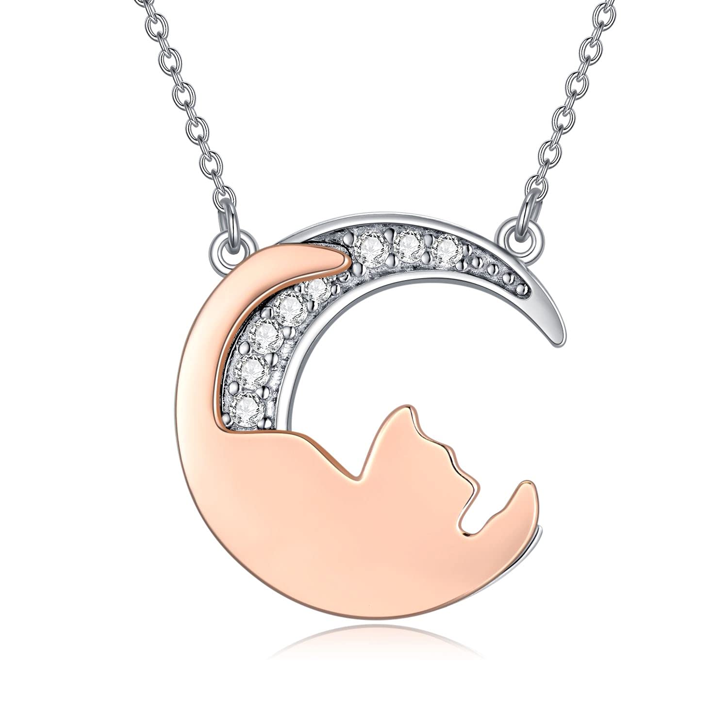 Sterling Silver Cat on Moon Pendant Necklace for Women - Elegant Cat Jewelry Gift for Christmas, Birthday & Special Occasions - Perfect for Cat Lovers, Pet Owners & Fashion Accessories