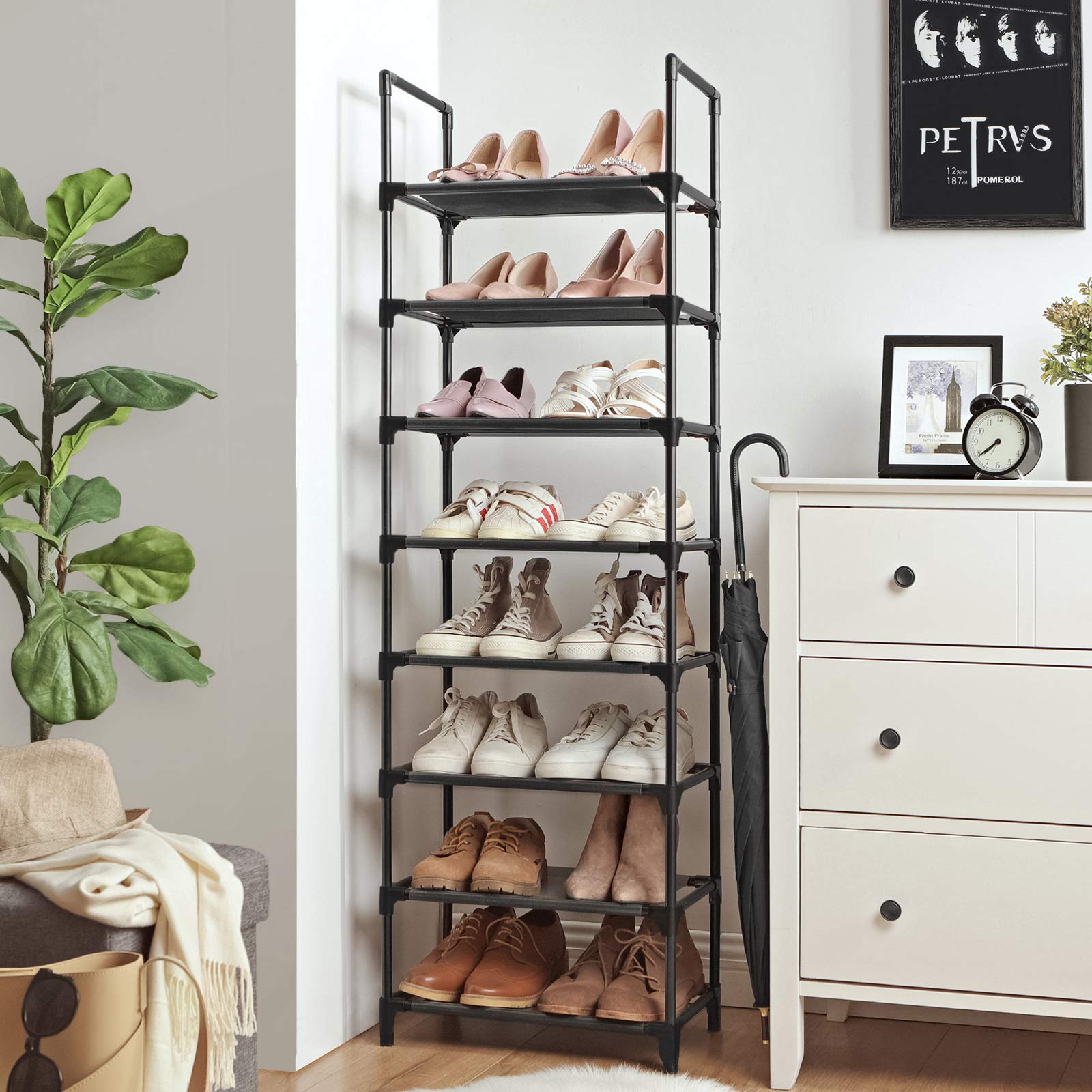 SONGMICS 8-Tier Shoe Rack Organizer - Holds 16-20 Pairs of Shoes, Space Saving Shoe Shelf Tower for Closet & Entryway, Sturdy Black Shoe Storage (ULSR24BK) - Perfect for Small Spaces & Apartment Organization