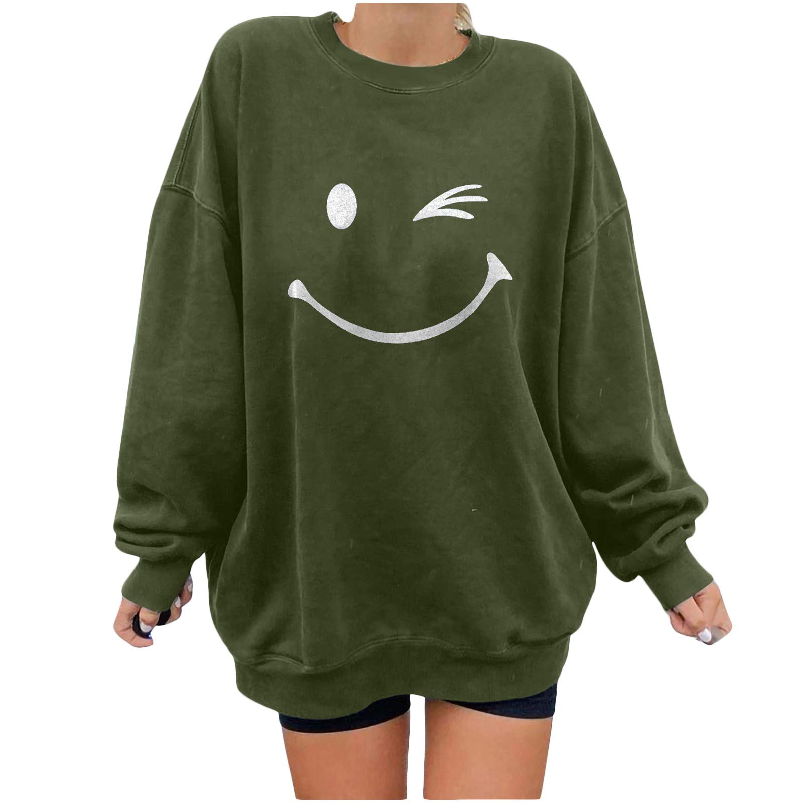 YSLMNOR Women's Happy Face Print Long Sleeve Workout Top - Round Neck Pullover Sweatshirt for Yoga, Gym & Casual Wear | Fall Graphic Tee