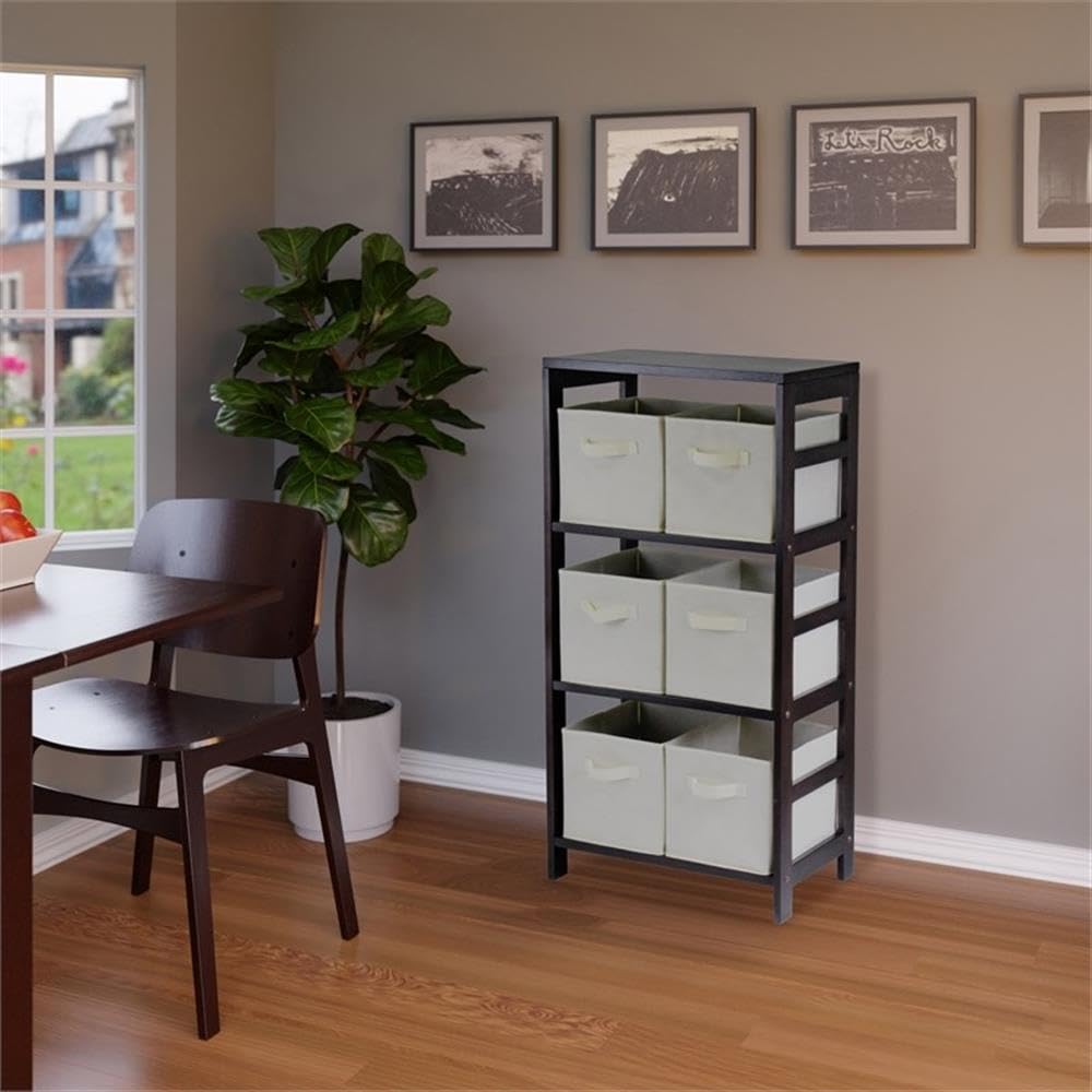 Winsome Wood Capri 3-Tier Storage Shelf with 6 Beige Fabric Baskets - Foldable Organizer for Bedroom, Bathroom & Closet - Space Saving Home Decor Solution