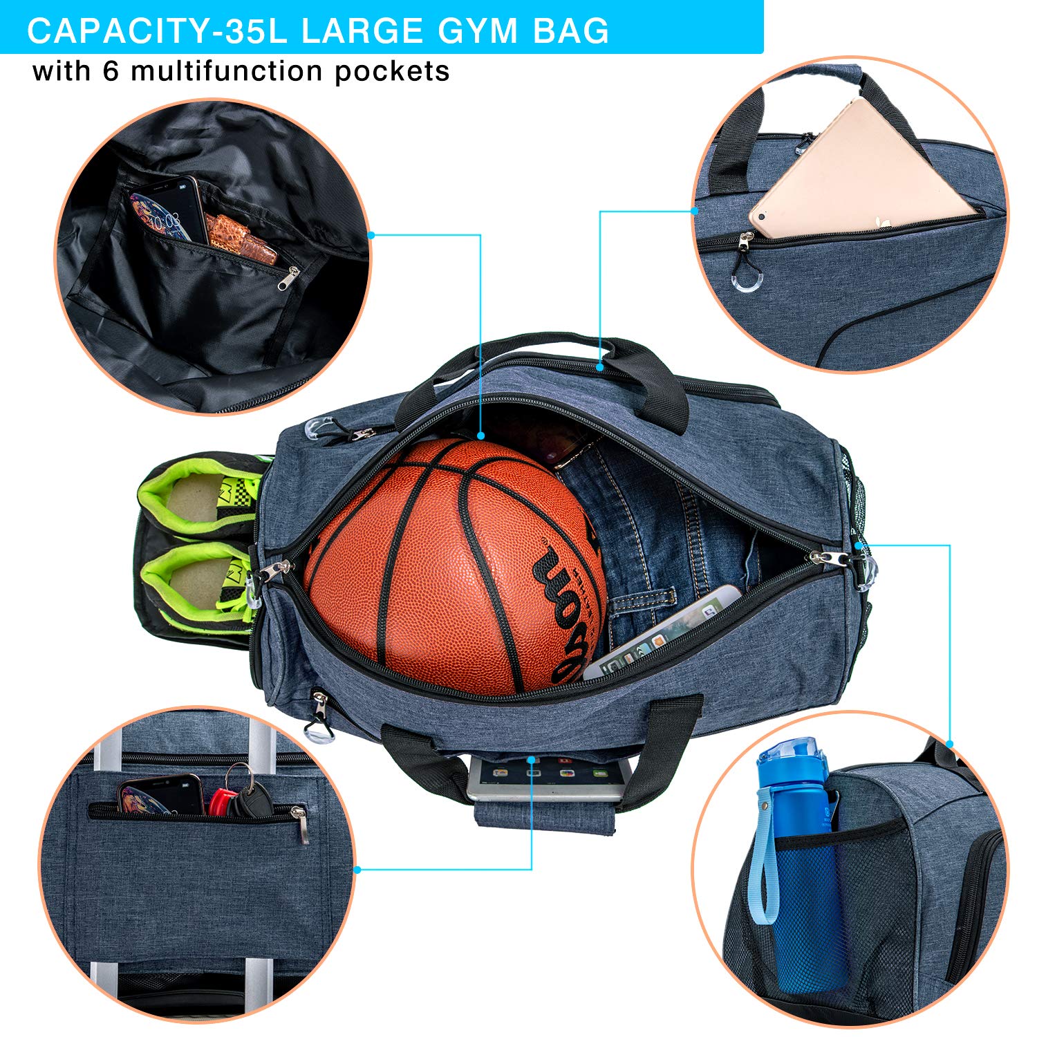 Kuston Sports Gym Bag with Shoes Compartment & Wet Pocket - Durable Gym Duffel Bag for Men & Women - Perfect for Workout, Travel & Overnight Trips