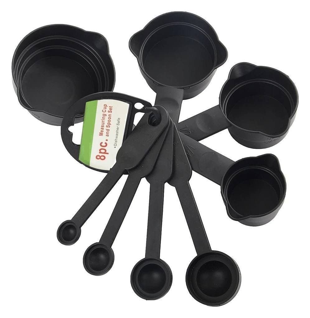 8-Piece Plastic Measuring Cup and Spoon Set - 3MJ Kitchen Measuring Tools for Tea, Coffee, Baking & Cooking (Black) | Perfect for Precise Recipe Measurements in Home Kitchens & Bakeries