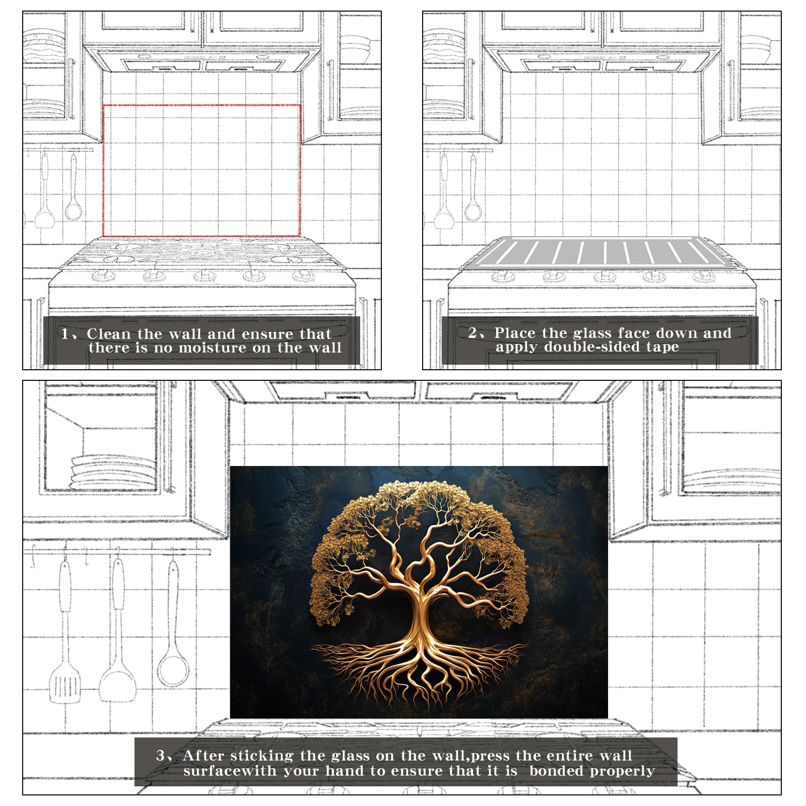 Golden Tree of Life Tempered Glass Kitchen Backsplash - 30