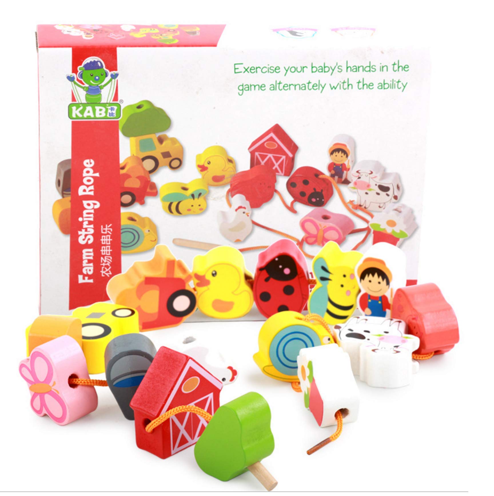 Farm Animal Lacing Toy Set - 16pcs Wooden Beads for Toddlers - Early Learning & Fine Motor Skills Development