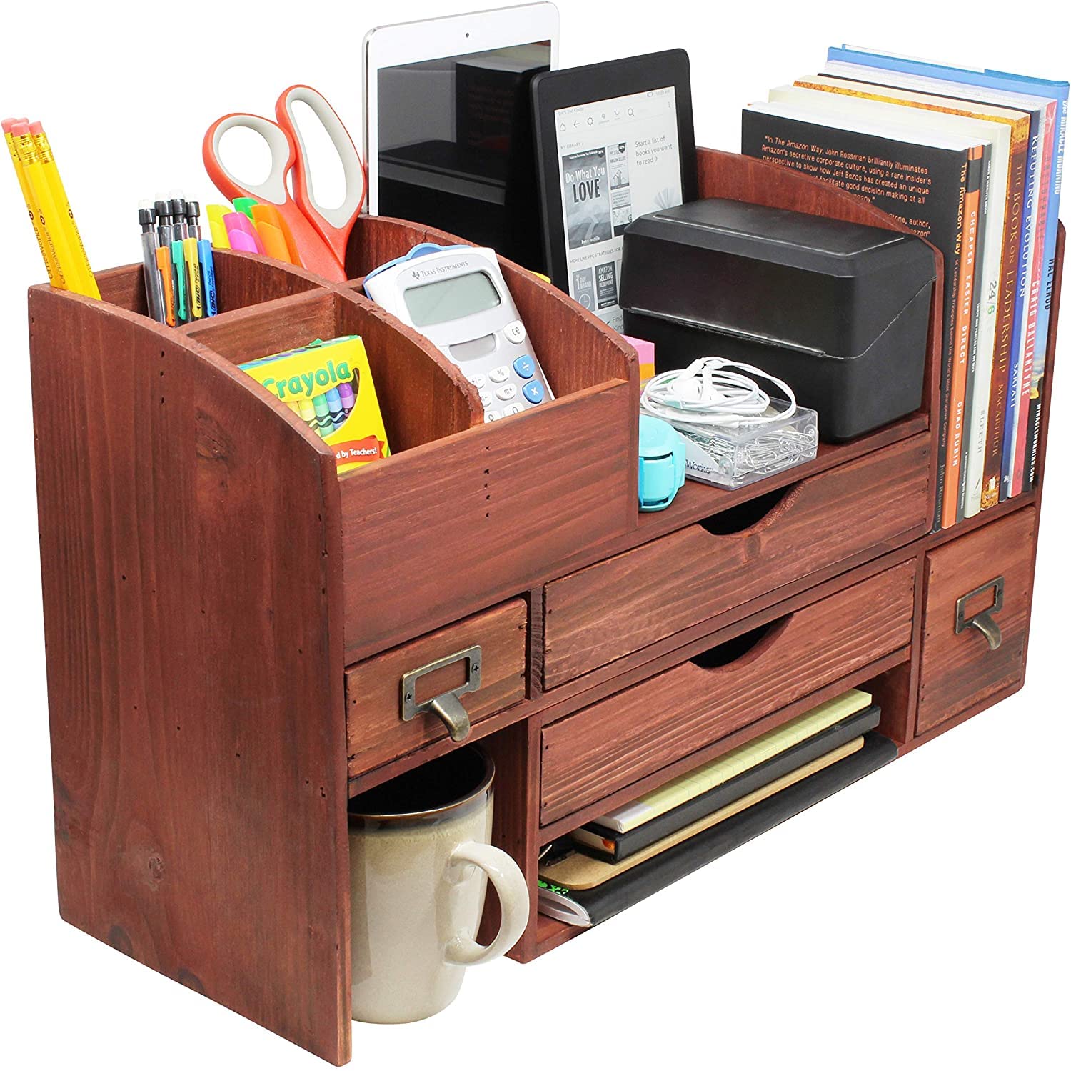 Premium Adjustable Wooden Desk Organizer - Cherry Wood Storage Shelf for Office Supplies, Mail & Accessories - Perfect for Home Office, Workspace & Countertop Organization