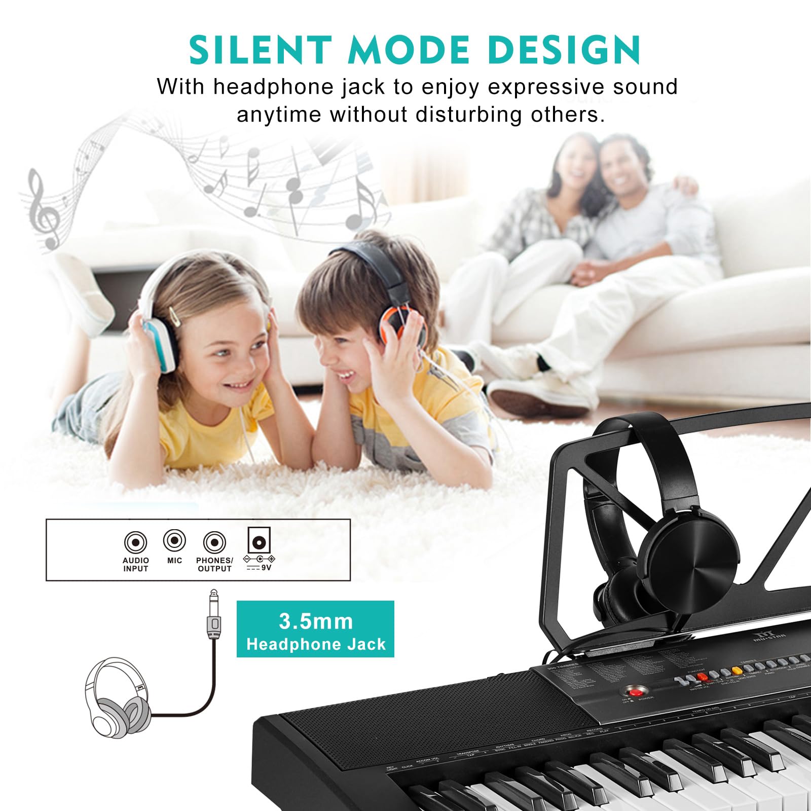 MUSTAR 61-Key Lighted Keyboard Piano for Beginners - Electric Piano with Stand, Bench, Headphones & Microphone - Portable Digital Piano with Built-in Speakers & Note Stickers - Perfect for Home Learning, Music Practice & Gift Giving
