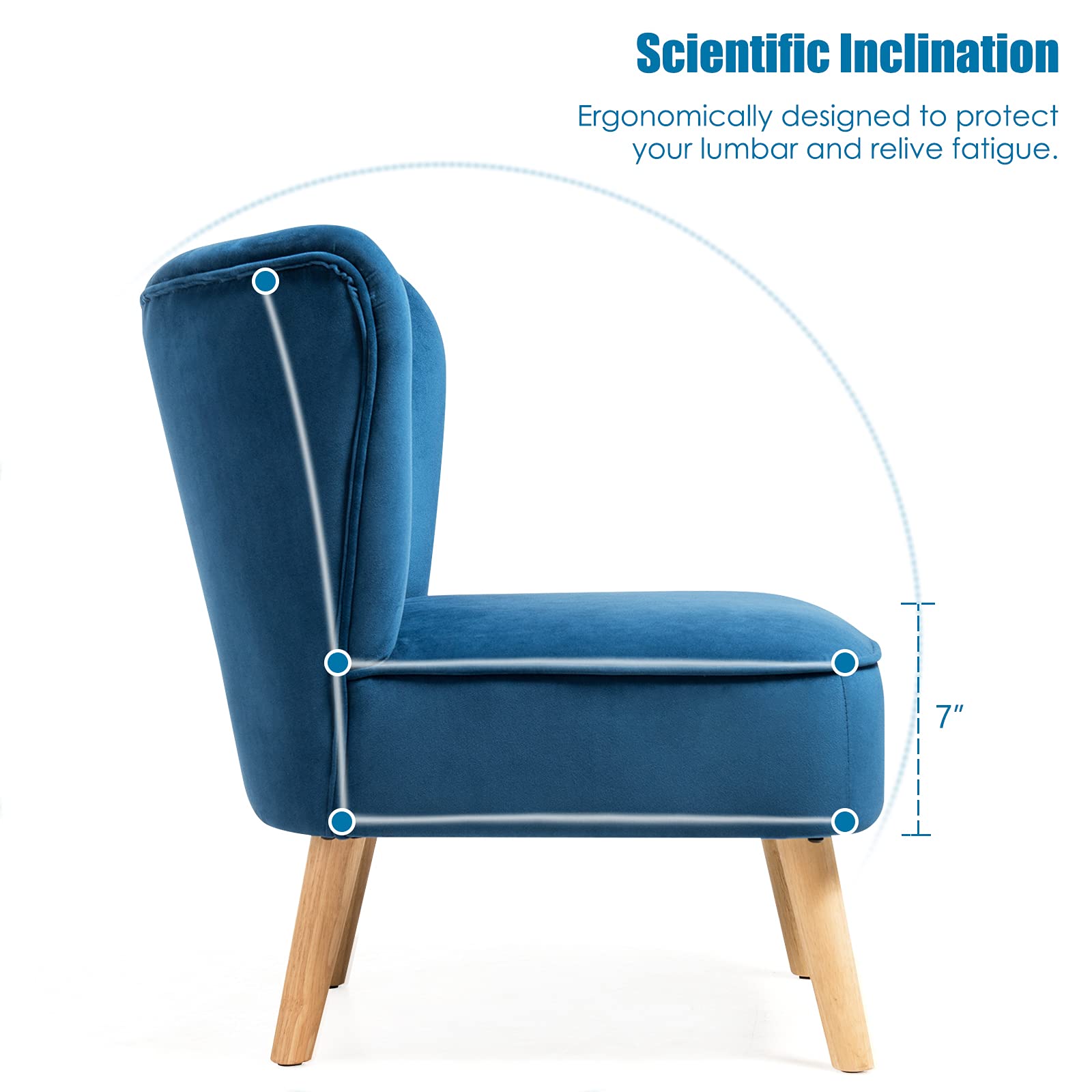Velvet Modern Armless Accent Chair with Rubber Wood Legs & Thick Sponge Seat - Upholstered Wingback Leisure Sofa for Living Room, Bedroom & Office - Blue Comfort Chair for Relaxing, Reading & Small Space Decor