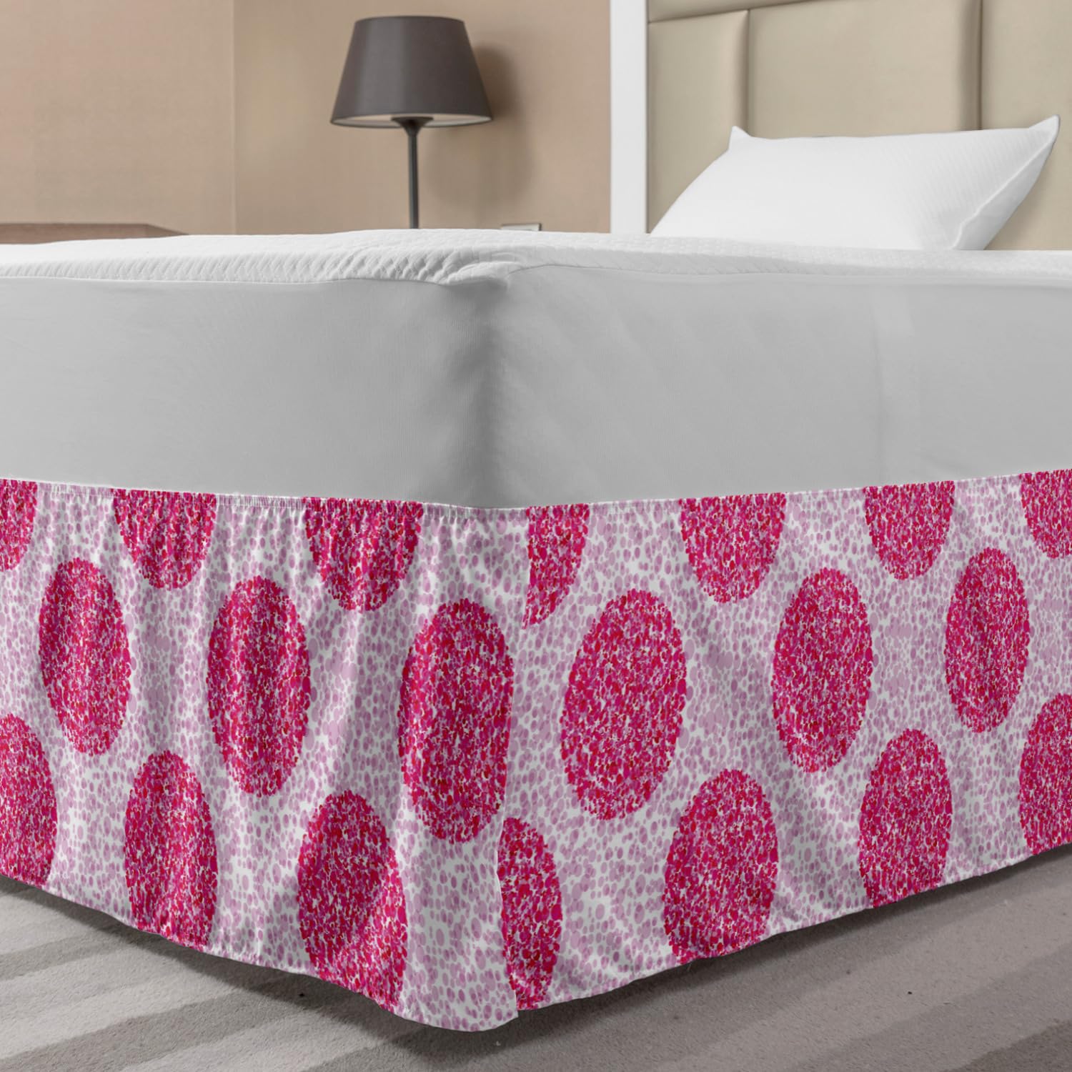 Ambesonne Abstract Elastic Bed Skirt with Polka Dot Bubble Design - Wrap Around Dust Ruffle for Full Size Beds - Pink Fuchsia Bedroom Decor for Modern & Cozy Spaces