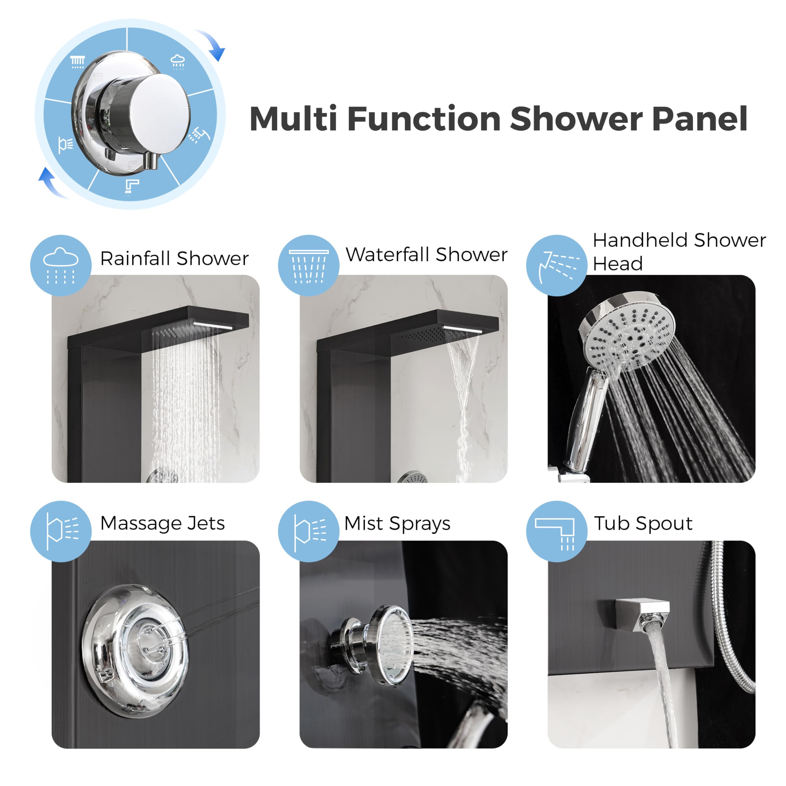 DELAVIN Stainless Steel Shower Panel Tower System - 5-Function Full Body Shower with Rainfall, Waterfall, Massage Jets, Tub Spout & Handheld Showerhead in Brushed Black | Perfect for Luxury Bathroom Renovation, Spa-Like Experience & Modern Home Upgrades