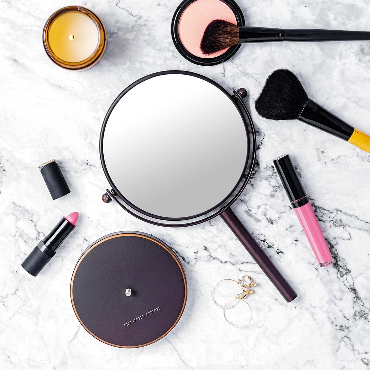 OVENTE 6-Inch Double-Sided Makeup Mirror with 1X & 7X Magnification, 360° Swivel Stand - Antique Bronze Vanity Mirror for Dresser, Bedroom & Office | Perfect for Makeup Application, Skincare Routine & Grooming