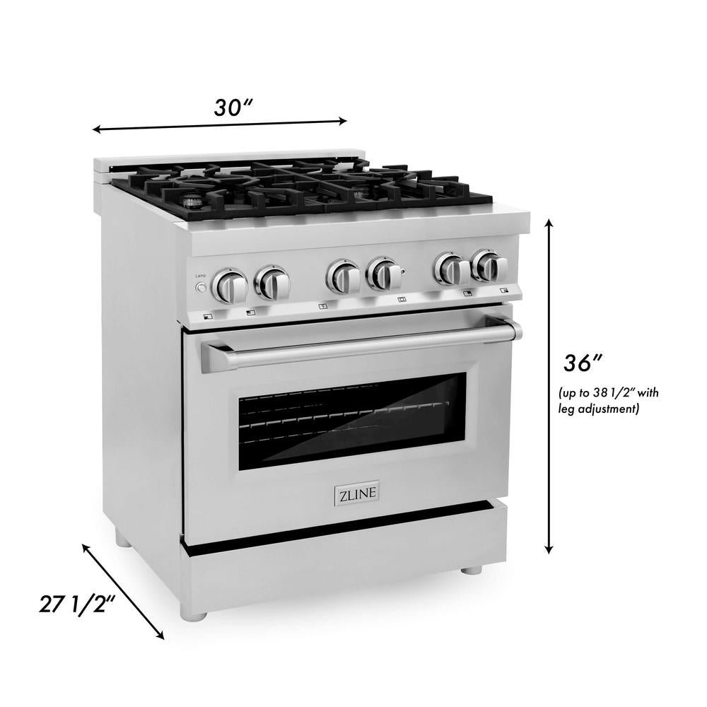 ZLINE RA30 30-inch Stainless Steel Dual Fuel Range - 4.0 cu. ft. Capacity with 4-Burner Gas Cooktop & Electric Convection Oven for Professional Home Cooking | Perfect for Modern Kitchens, Entertaining & Gourmet Meal Preparation