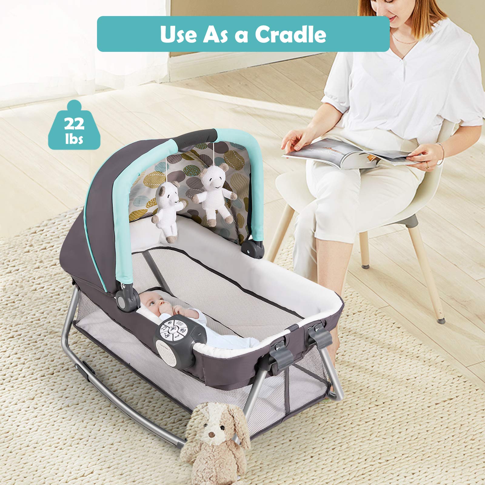 BABY JOY 5-in-1 Portable Playard with Bassinet, Changing Table & Toy Bar - Baby Nursery Center with Music, Storage Bag & Detachable Toys (Blue Dot Circle) - Perfect for Travel, Daycare & Home Use