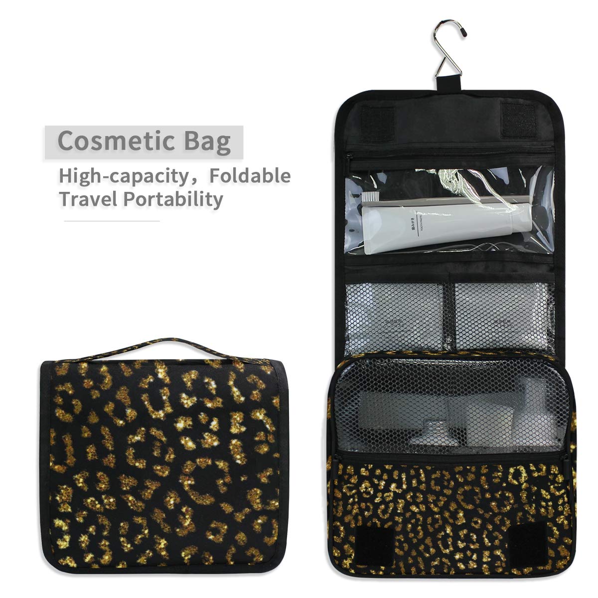 ALAZA Gold Leopard Print Hanging Toiletry Bag - Waterproof Travel Cosmetic Organizer with Hook for Makeup, Skincare & Shampoo | Perfect for Vacation, Gym & Business Trips