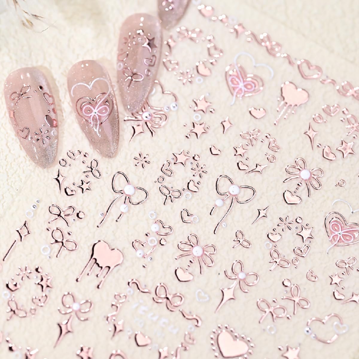 5D Embossed Rose Gold Heart Nail Art Stickers - Self-Adhesive Valentine's Day Nail Decals with Cute Bow Design for Women | Perfect for Manicure, Nail Salon, Bridal Party & Valentine's Gift