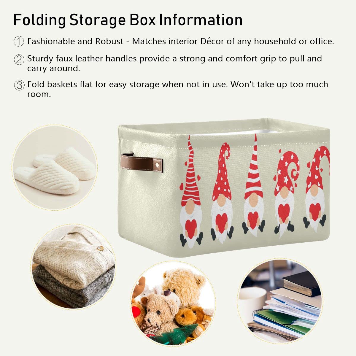 Christmas Gnomes Rectangular Storage Bin Basket with Handles - Toy & Laundry Organizer for Kids, Pets, Bedroom & Closet | Holiday Decor & Home Organization Solution