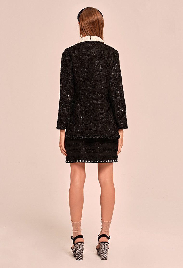 Elegant Floral Embroidered Mandarin Collar Tweed Jacket for Women - Perfect for Office Wear, Parties & Special Occasions