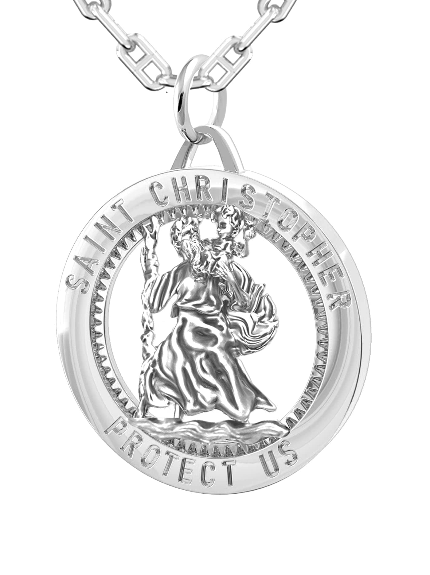 Sterling Silver St Christopher Pendant Necklace for Men - 0.925 High Polished Round Charm (25mm) - Religious Jewelry Gift for Travel Protection & Spiritual Blessings - Perfect for Daily Wear, Travel & Special Occasions