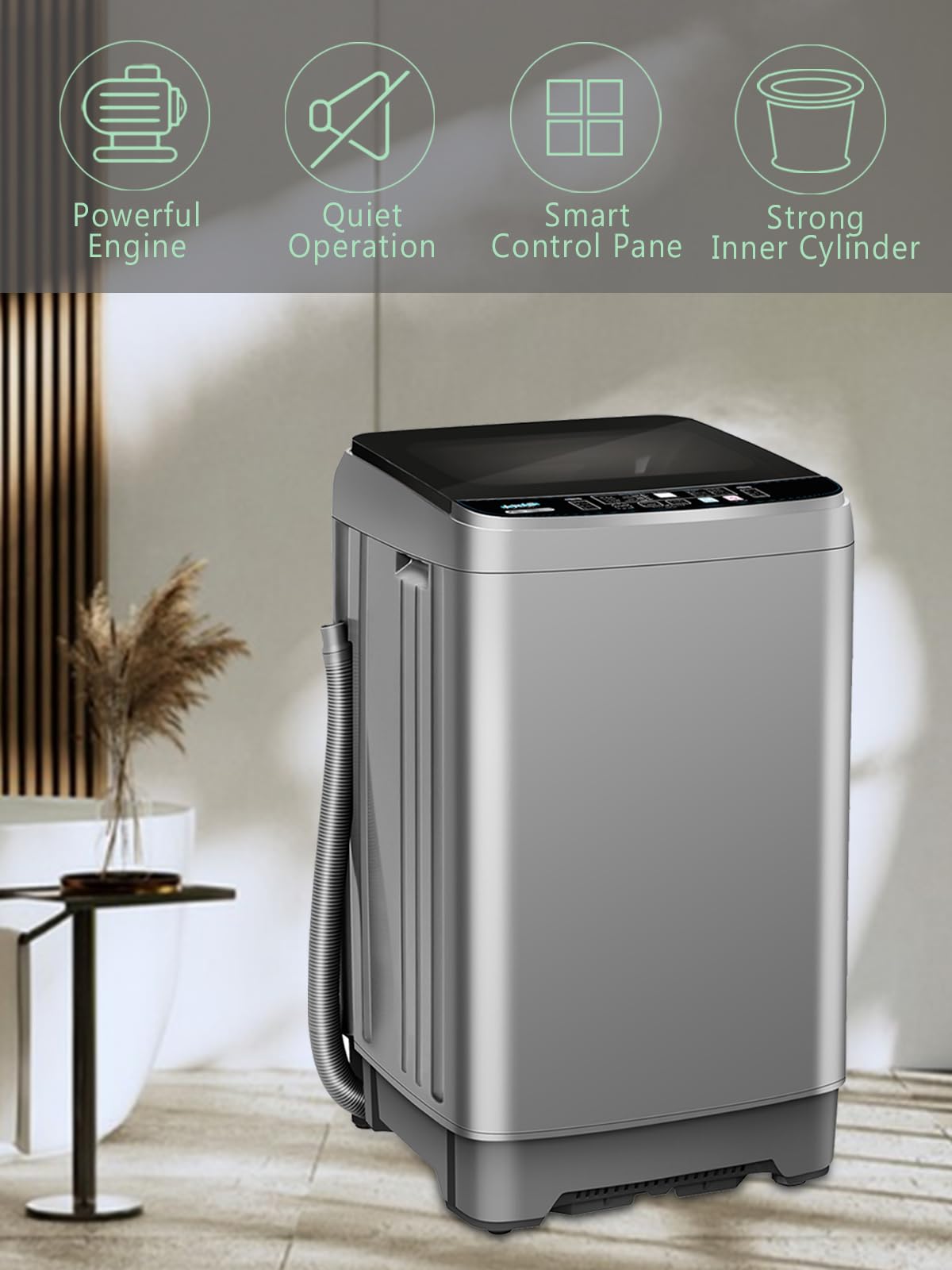 25 lbs Full Automatic Washing Machine with LED Display - Compact Portable Washer with 10 Wash Programs & 8 Water Levels - Perfect for Small Spaces, Dorms, Apartments, RVs & Camping - Energy Efficient Grey Laundry Solution