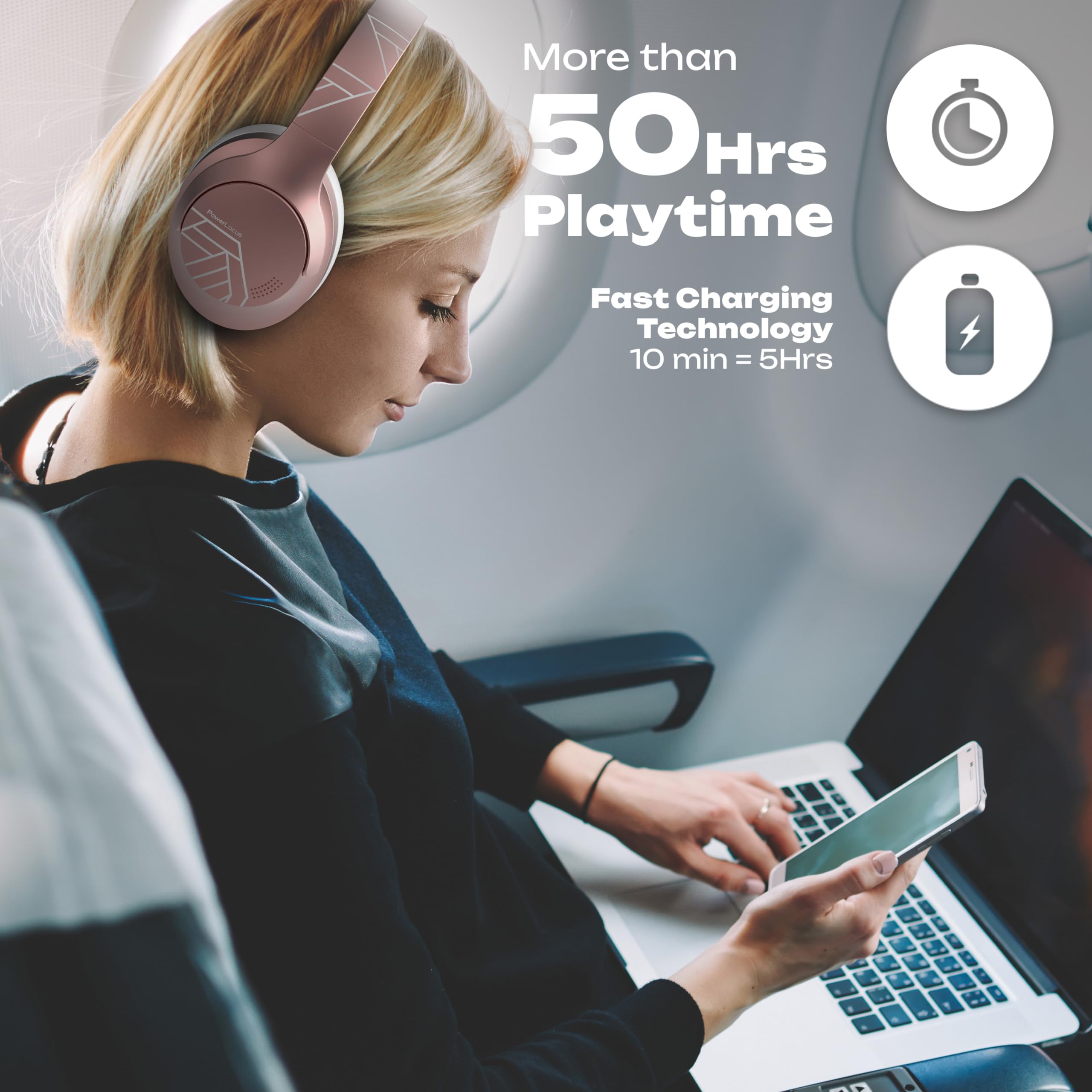 PowerLocus Bluetooth Over-Ear Headphones - 50 Hours Playtime, Wireless Foldable Headset with Built-in Mic, Lightweight HiFi Stereo Sound - Includes Carrying Case & Wired Mode for Phone Calls, PC Gaming, Travel & Commuting