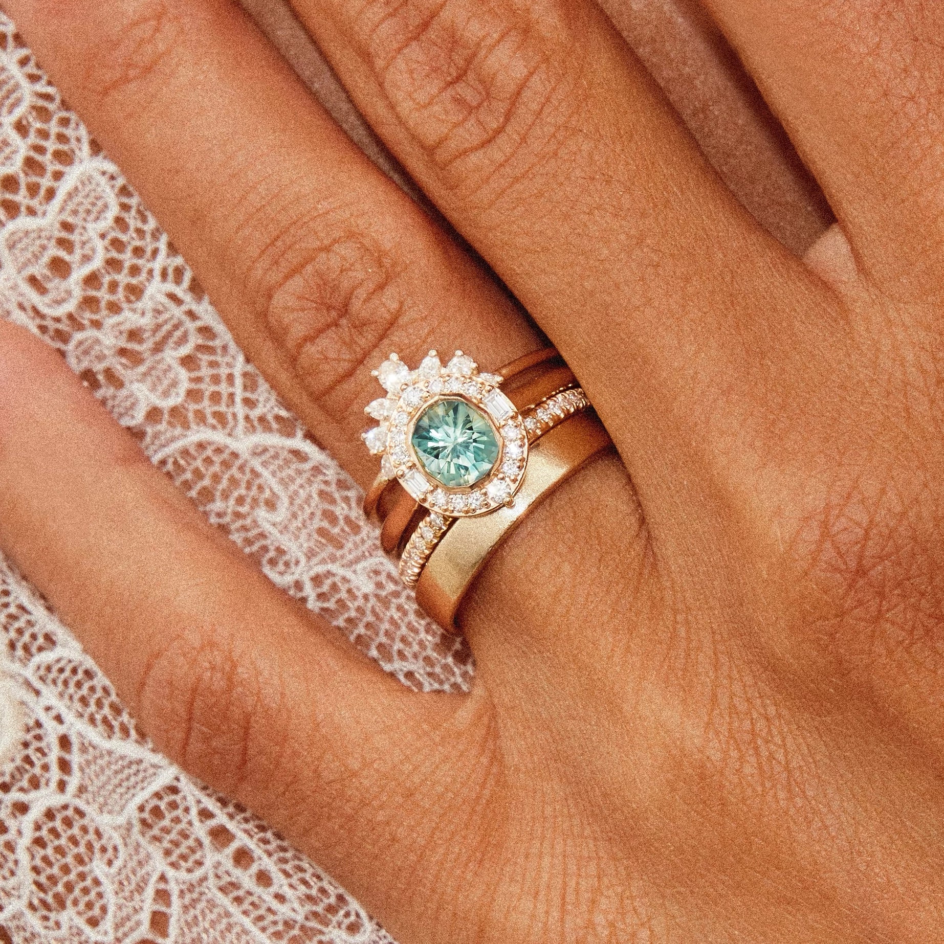 Moonlit Bliss Unique 14K Yellow Gold Ring with Mint Green Sapphire – Perfect for Weddings, Anniversaries & Special Occasions