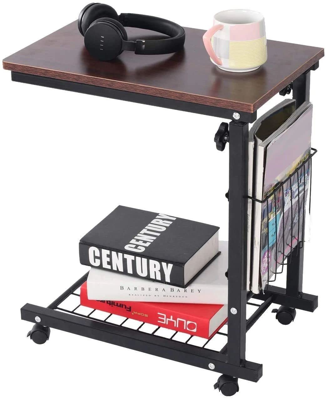 Adjustable Height C-Shaped End Table with Storage Shelf - Industrial Style Side Table for Couch, Living Room & Bedroom - Perfect as Snack Table, Laptop Workstation (Brown)