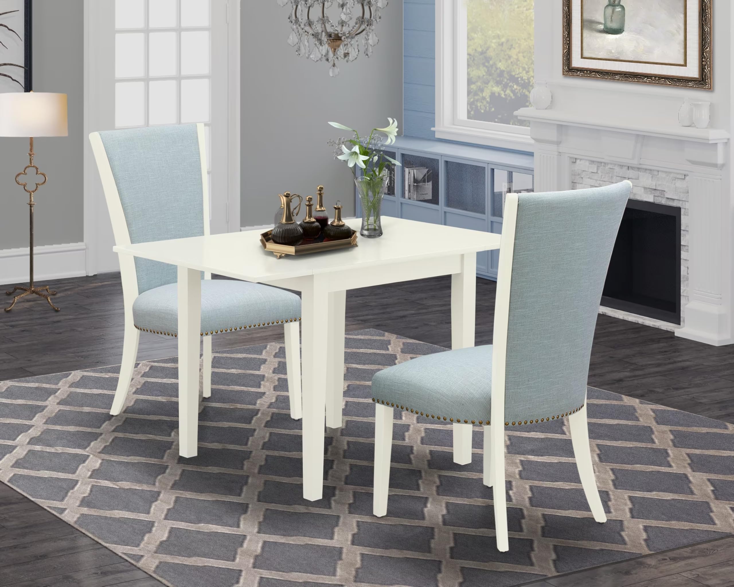 East West Furniture 3 Piece Dining Set with Drop Leaf Table & 2 Baby Blue Linen Chairs - 30x48 Inch Rectangle Table, White Linen Finish - Perfect for Small Spaces, Breakfast Nooks & Cozy Apartment Dining
