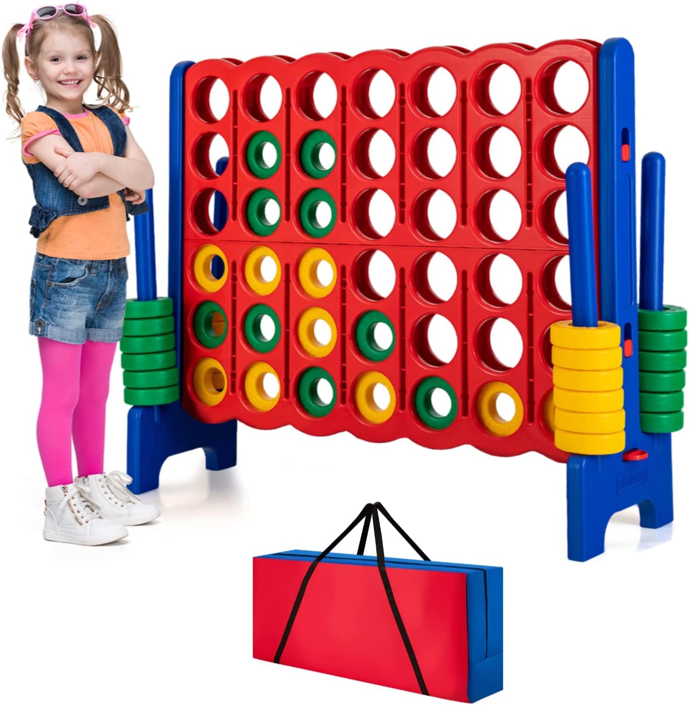 HONEY JOY Jumbo 4-to-Score Giant Game Set - Outdoor Yard Games for Family & Friends - 42 Large Rings with Quick-Release Slider - 3.5FT Tall 4-in-A-Row Connect Game for Kids & Adults - Perfect for Backyard Parties, Picnics, and Outdoor Gatherings