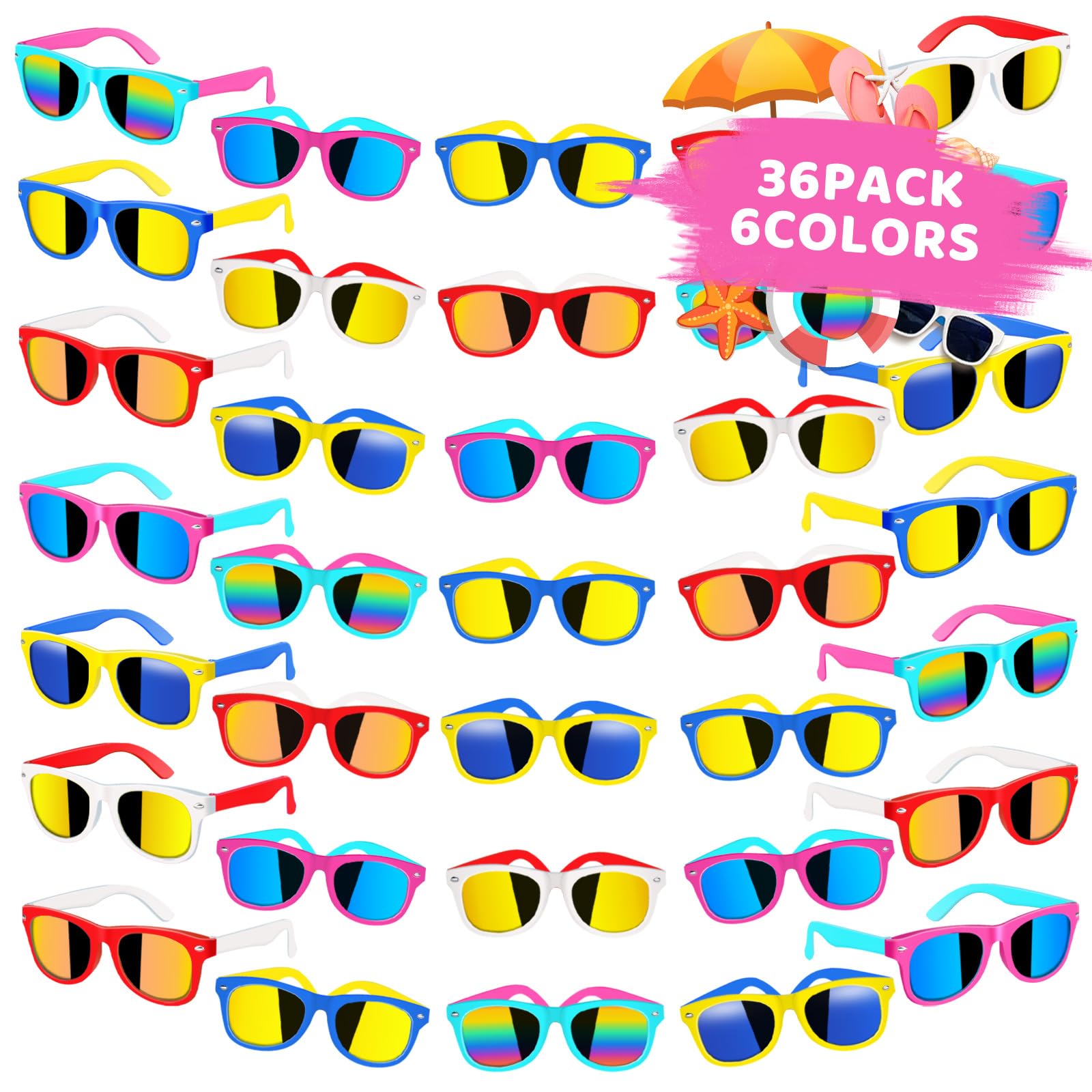 36 Pack Kids Sunglasses Bulk - UV400 Protection Neon & 80s Retro Sunglasses for Boys & Girls Age 3-8 - Perfect for Beach, Pool Parties, Birthday Favors, End of Year Student Gifts & Goody Bags - Fun Summer Accessories for Outdoor Play & Costume Dress-Up